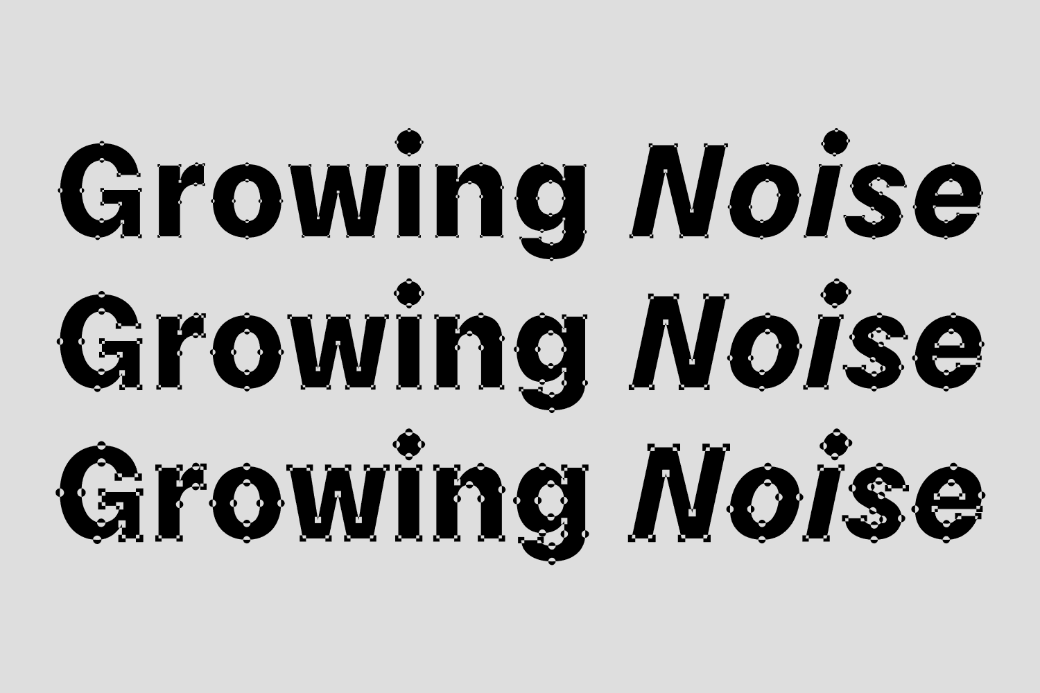 Noad Sans specimen showcasing all styles from lightest to darkest of experimental sans serif type family