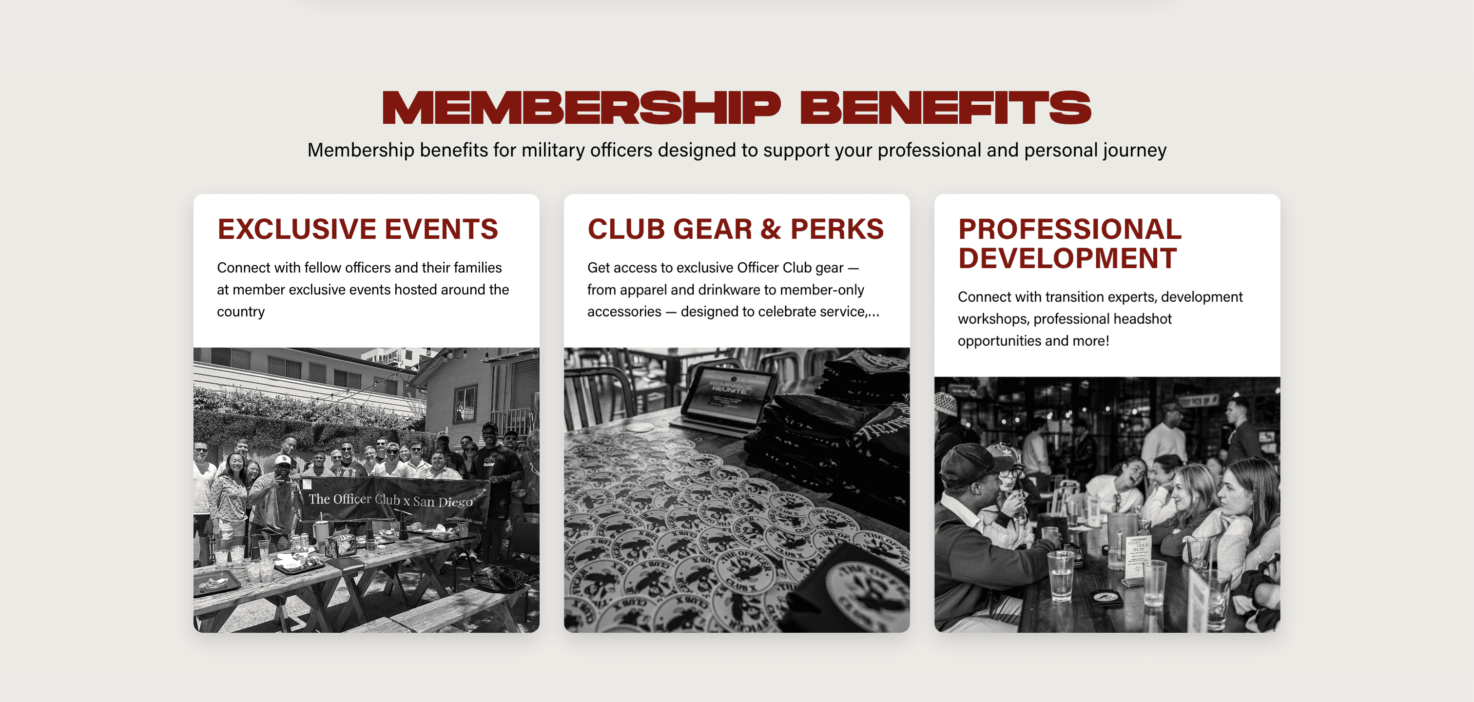 Membership benefits section from TheOfficerClubX website showcasing exclusive events, club gear & perks, and professional development opportunities for military officers. Images highlight social gatherings, branded merchandise, and networking events