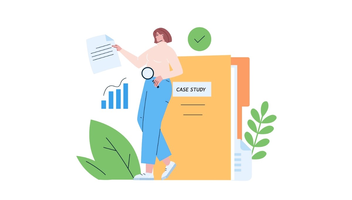 Illustration of a woman seated at a desk working on a computer, holding a paper while a large monitor behind her shows a rocket launch, surrounded by floating dollar signs, gears, paper airplanes, and a light bulb.