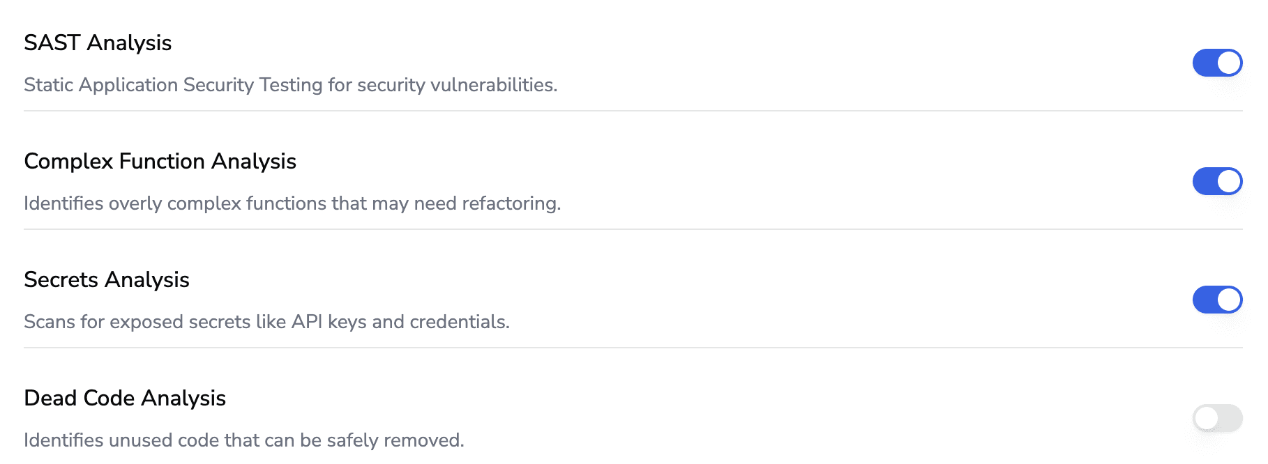 Security and maintainability controls including SAST analysis, complex function analysis, and secret scanning toggles to ensure code quality, compliance, and secure software development.