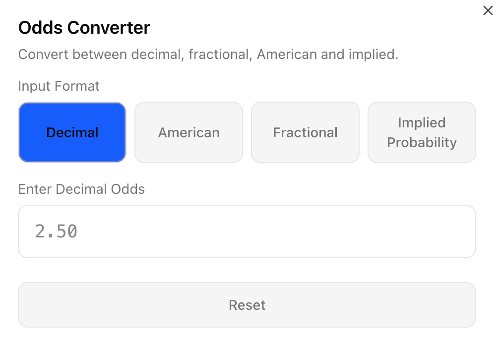 Odds Converter tool that allows the user to convert between Decimal, American, Fractional, and Implied Probability odds