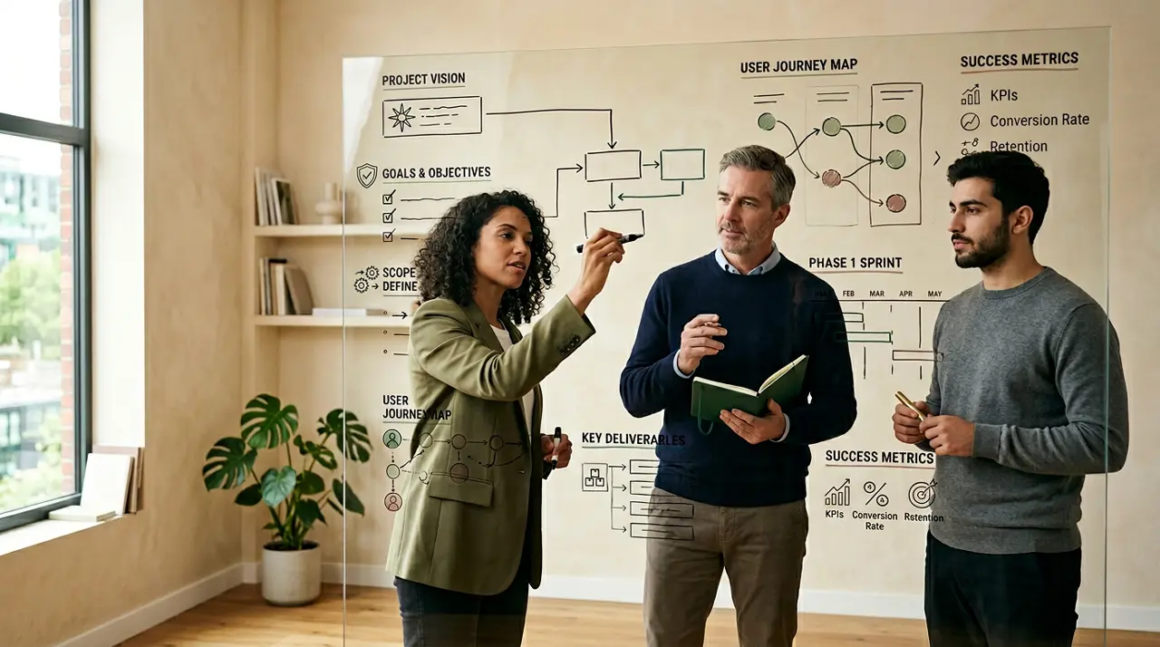 Equipo revisando planificación de proyecto en un tablero de vidrio con objetivos, alcance y entregables organizados.