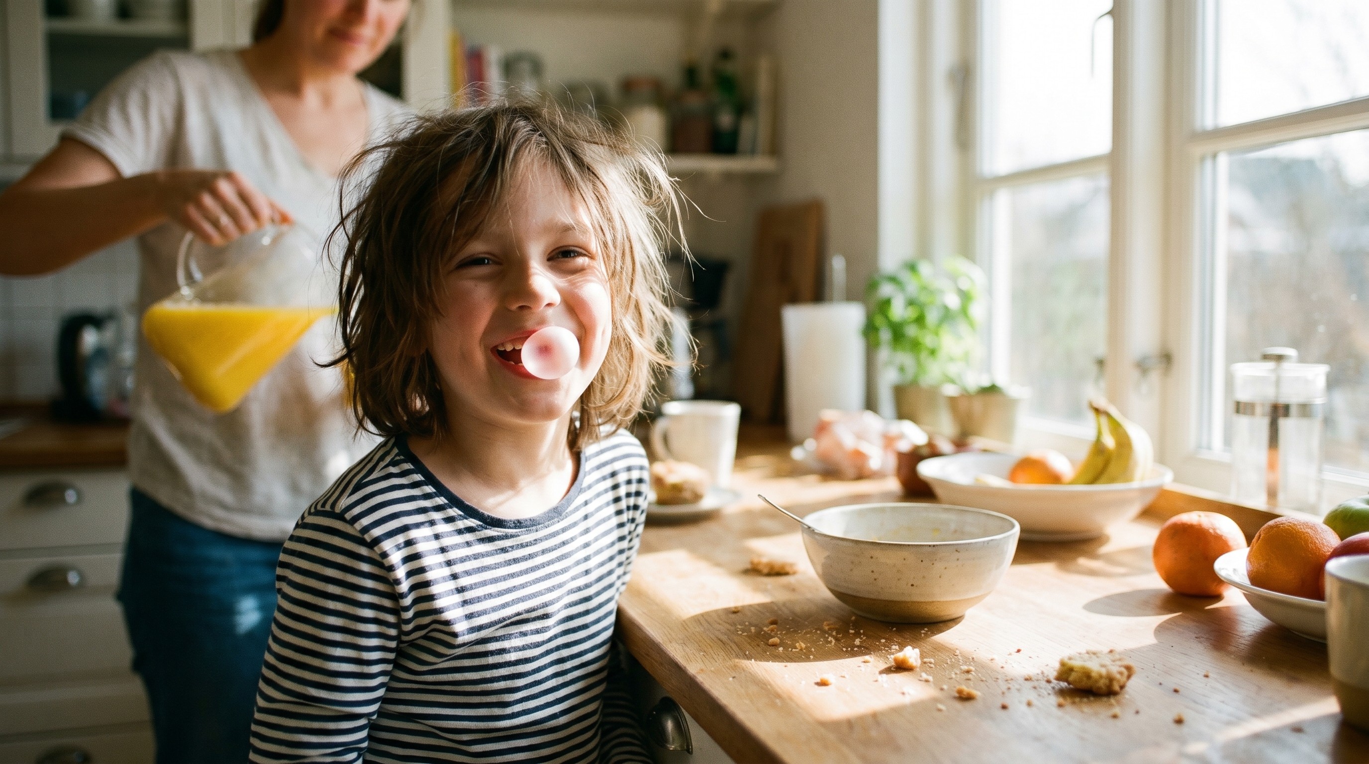 Young child blowing a small bubble with pink gum in a sunlit kitchen with parent nearby