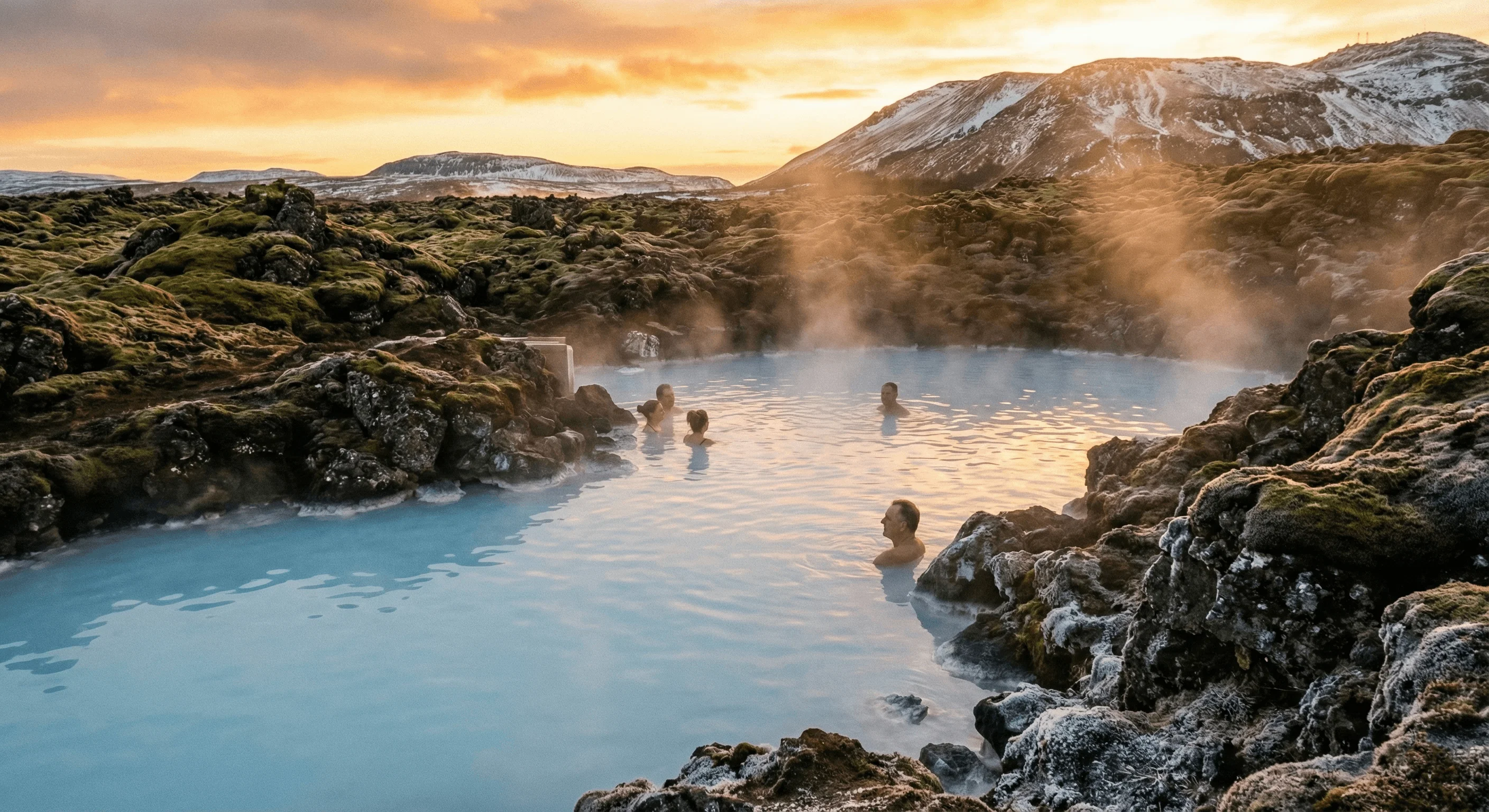 People bathing in the milky blue water of a geothermal lagoon surrounded by lava rocks at sunset.