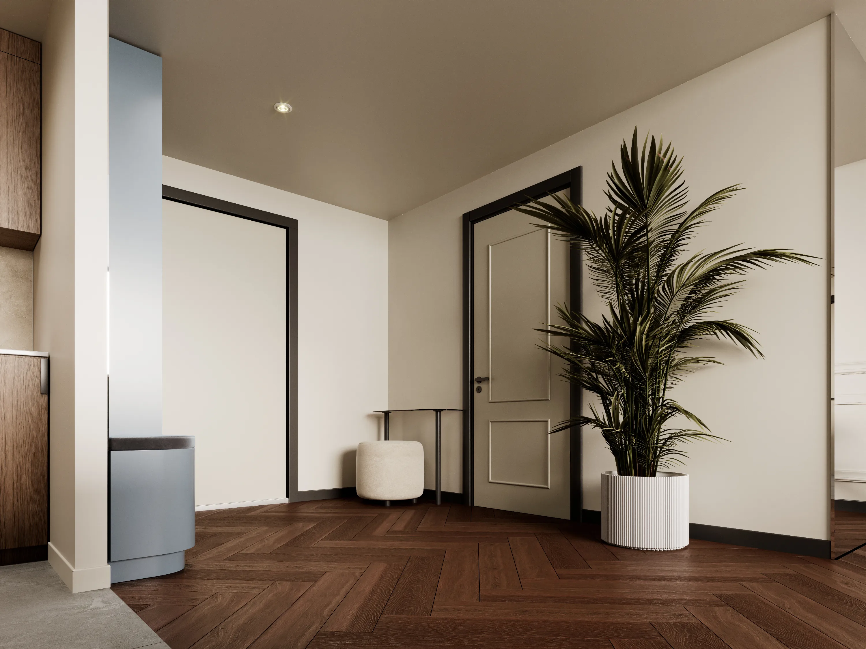 View on a bright hallway corner with a big plant.