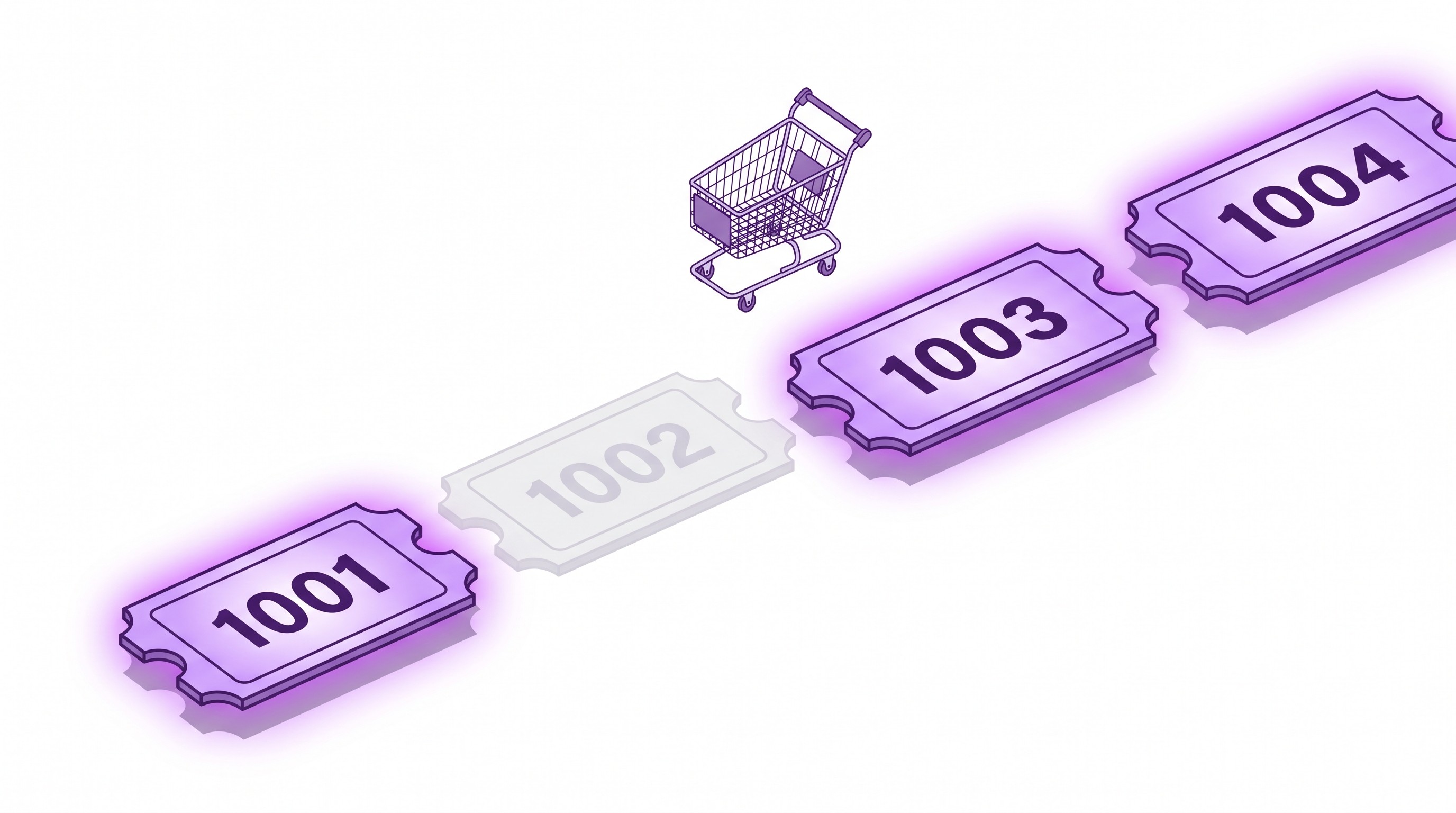 Deli-style number tickets with gaps showing skipped Shopify order numbers 1001 1003 1004