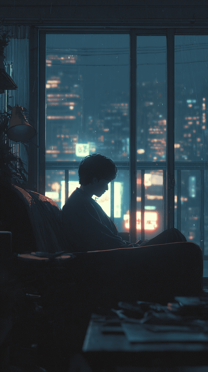 a person sitting at his couch at night looking down