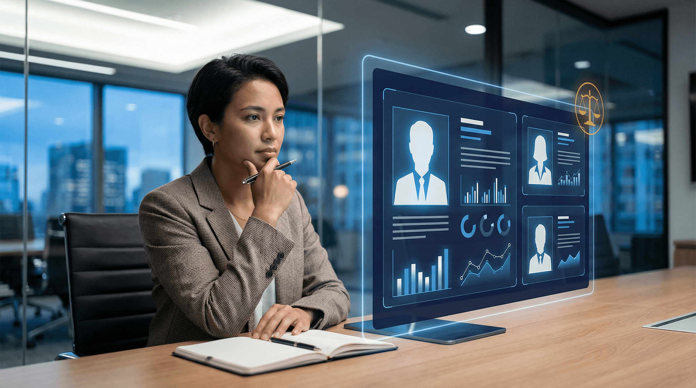 HR professional reviewing AI-generated candidate screening data on a holographic interface in a modern office, representing ethical AI decision-making in hiring.