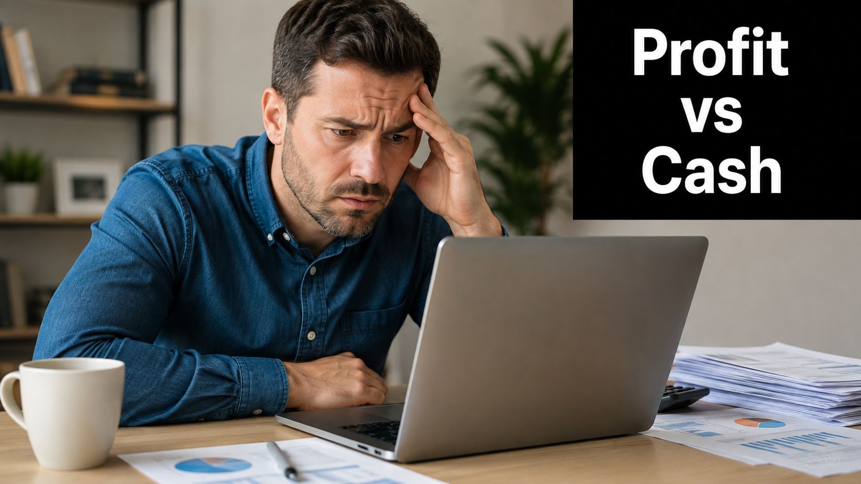 A concerned man in a denim shirt looking at his laptop, focusing on business financial concepts.