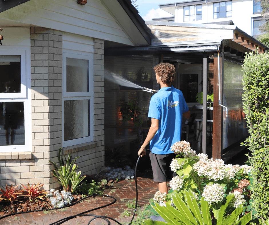 Team member soft washing front of a brick home with low-pressure spray in North Auckland