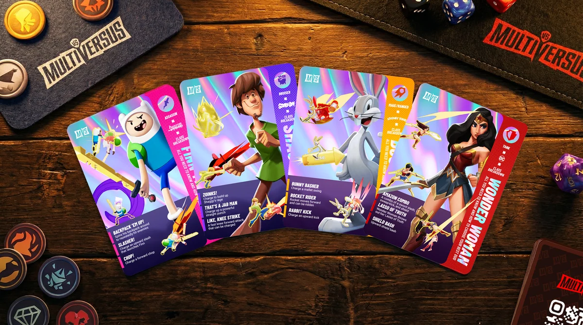 MultiVersus collectible character cards displayed on a game table
