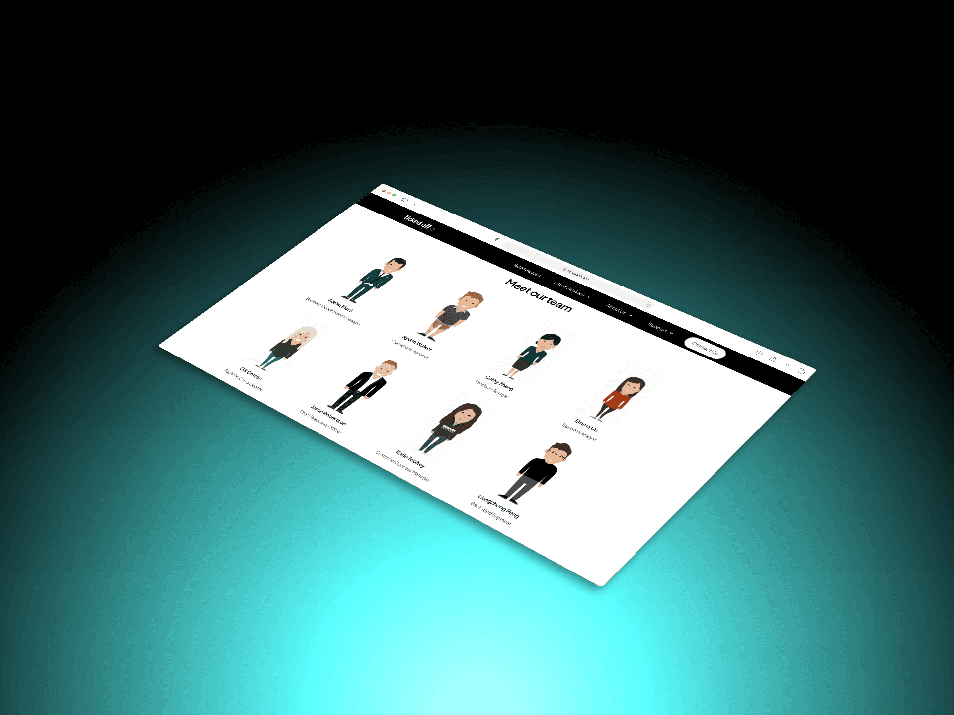 A smartphone mockup displays the TickedOff app team interface, alongside a desktop preview of the team profiles arranged in a clean, editorial layout.