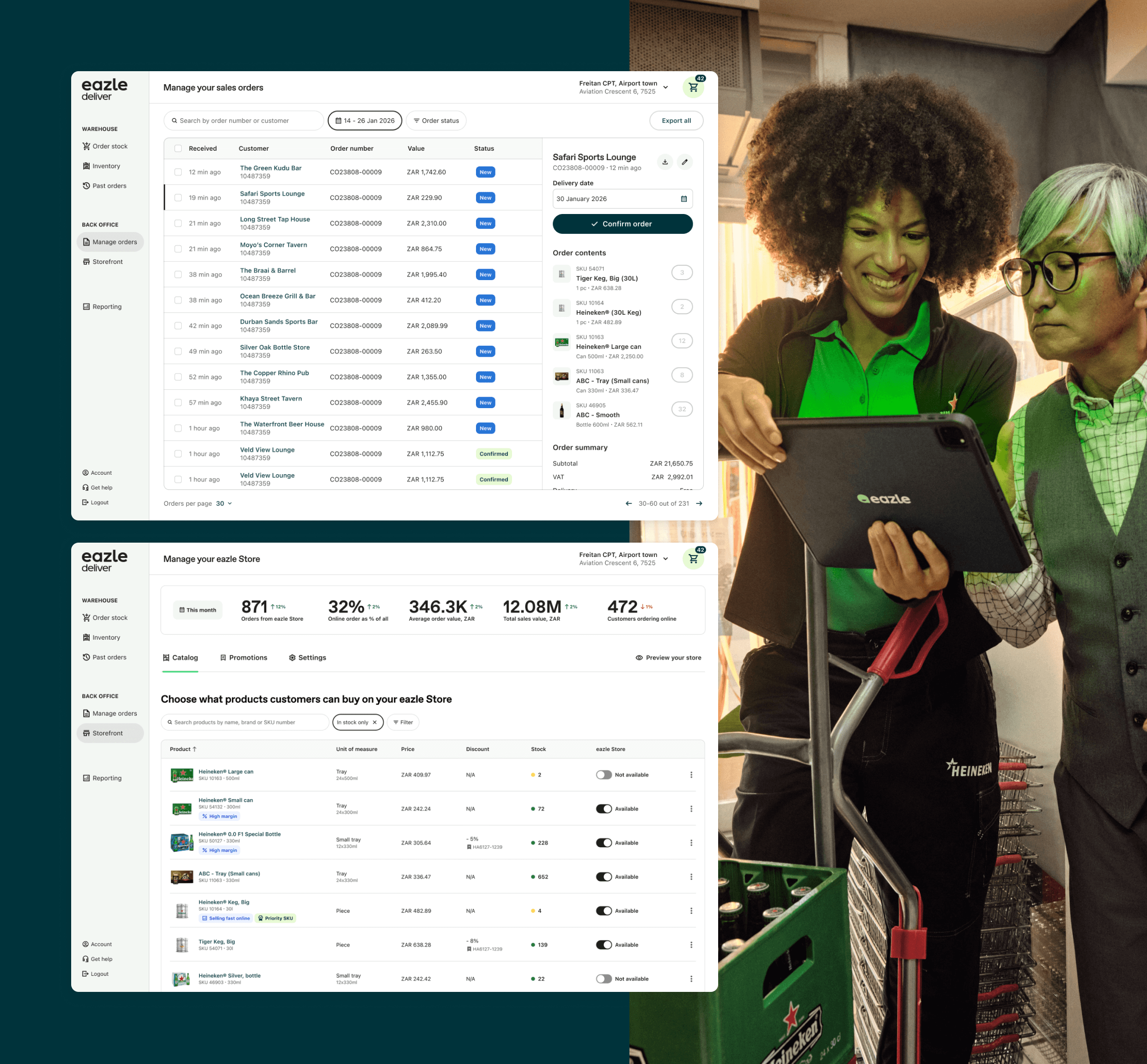 eazle deliver back-office interface showing sales order management and storefront catalogue screens, overlaid on a photo of distributor staff reviewing orders on a tablet