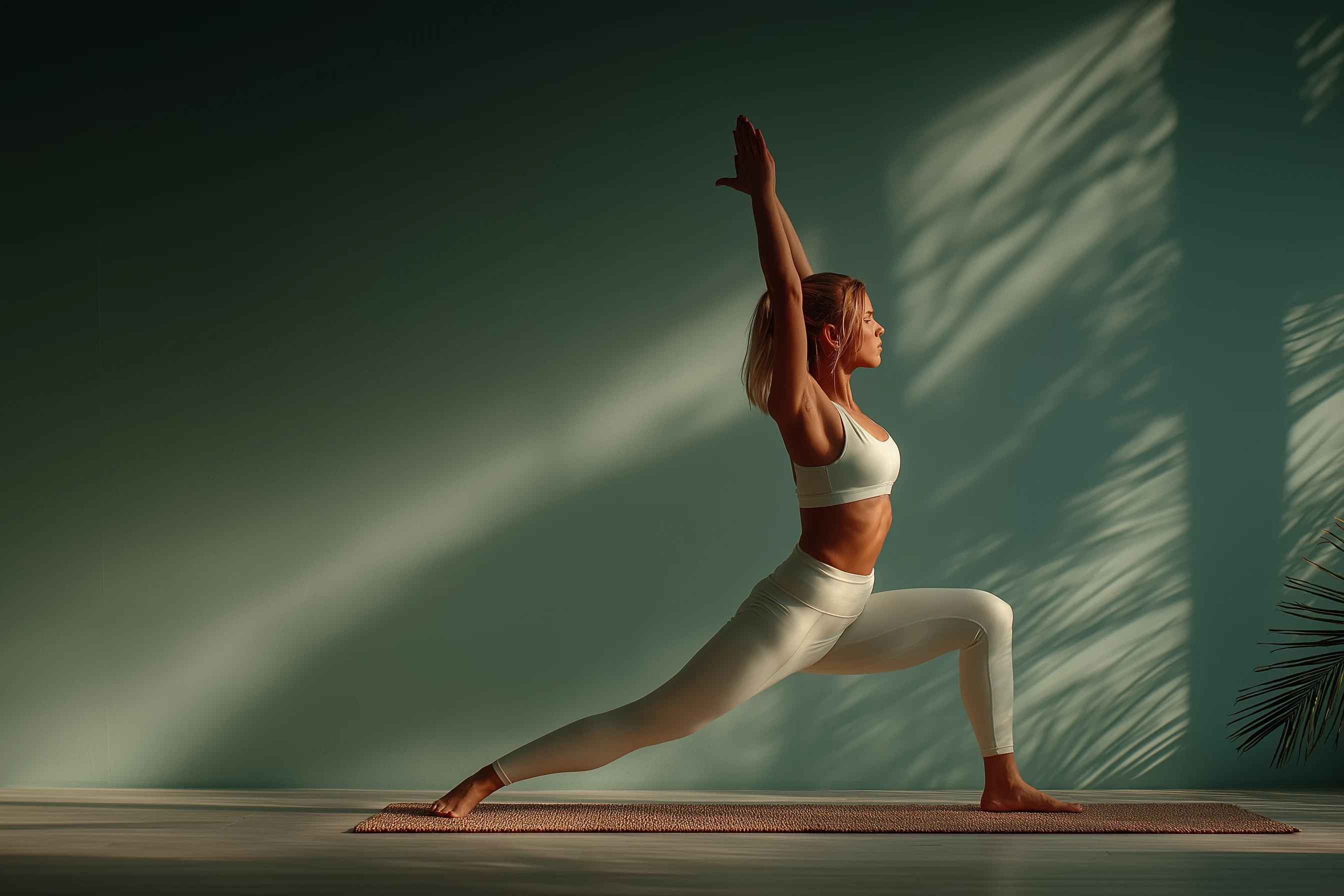 Woman practicing yoga in a calm studio with soft natural light.