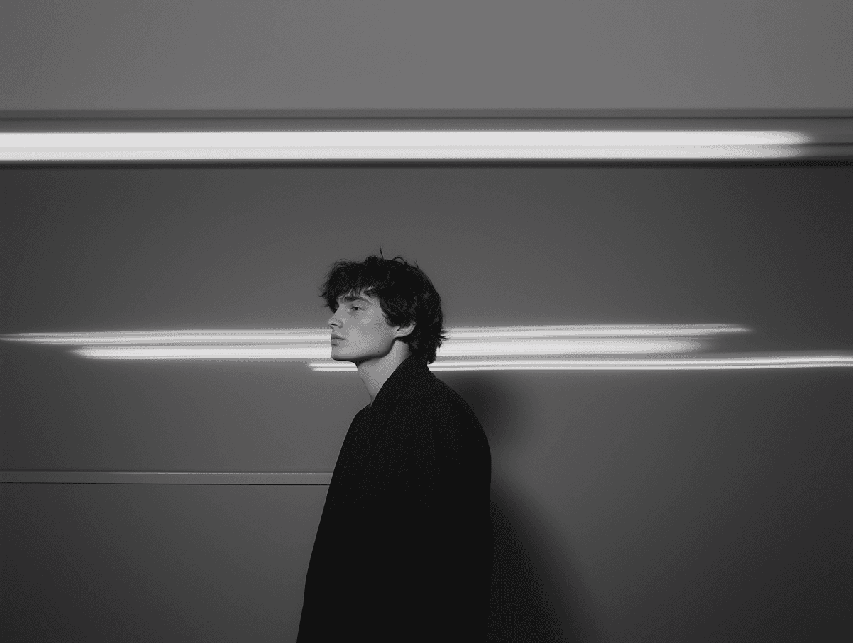 Mysterious man with neat dark hair, black turtleneck, and gray blazer.