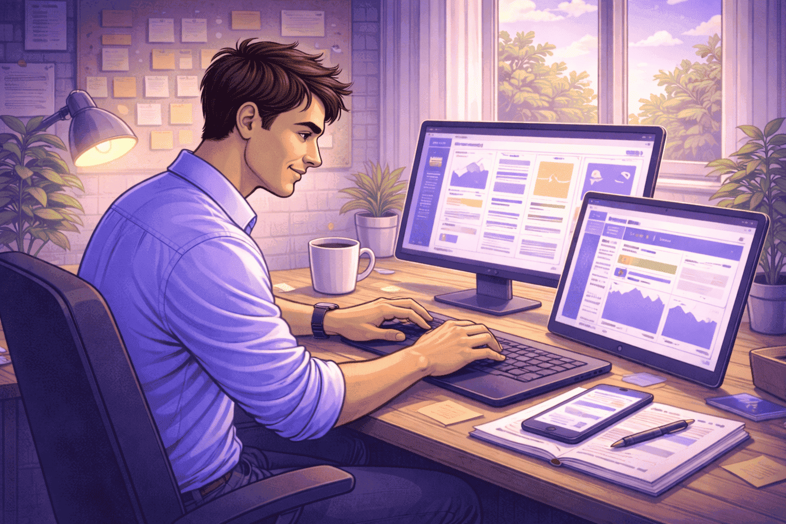 Focused remote employee working productively at a well-organized home office with multiple screens and clear workflow
