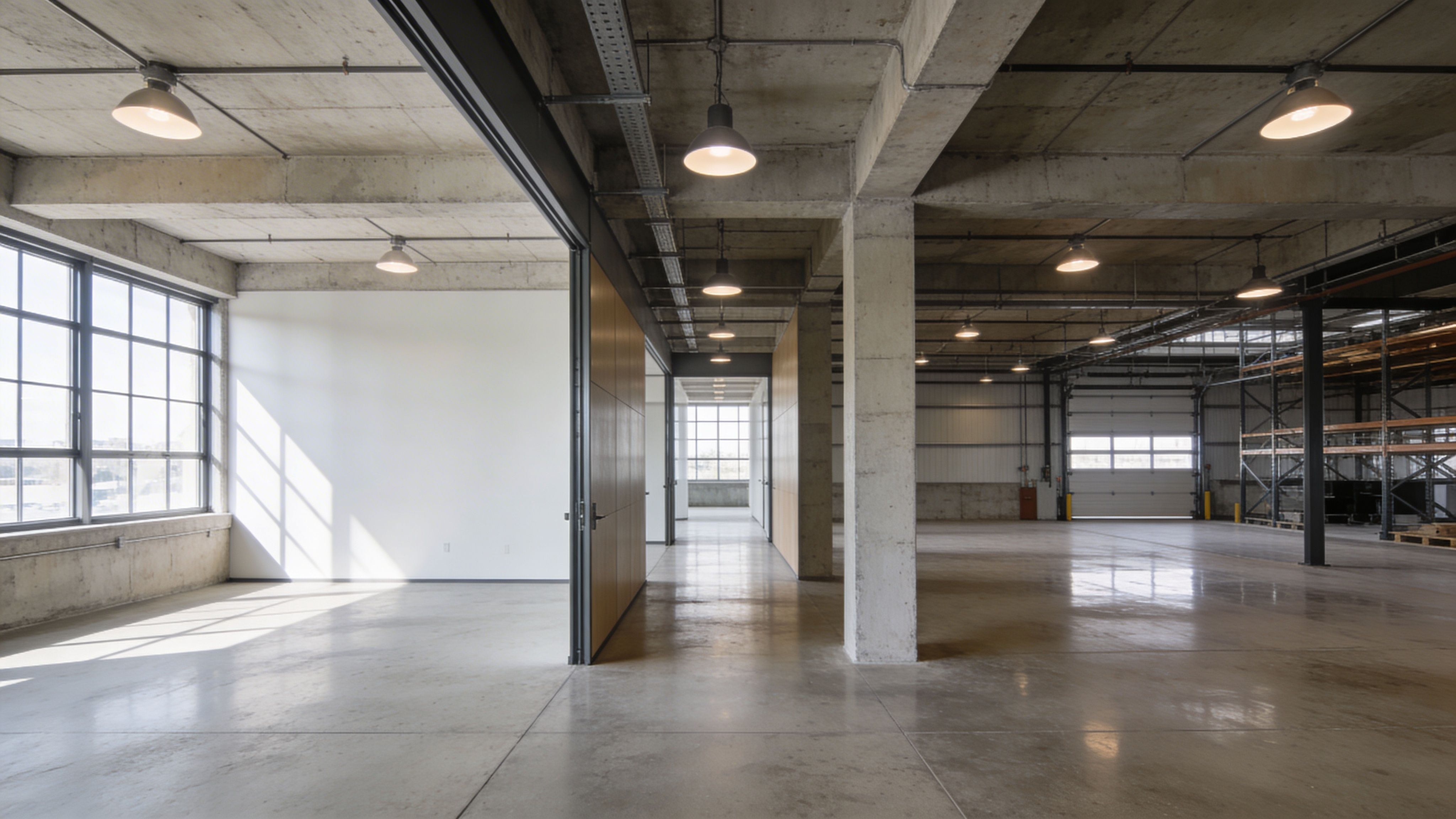Modern industrial office workspace with glass partitions, open desks, and exposed ceiling design