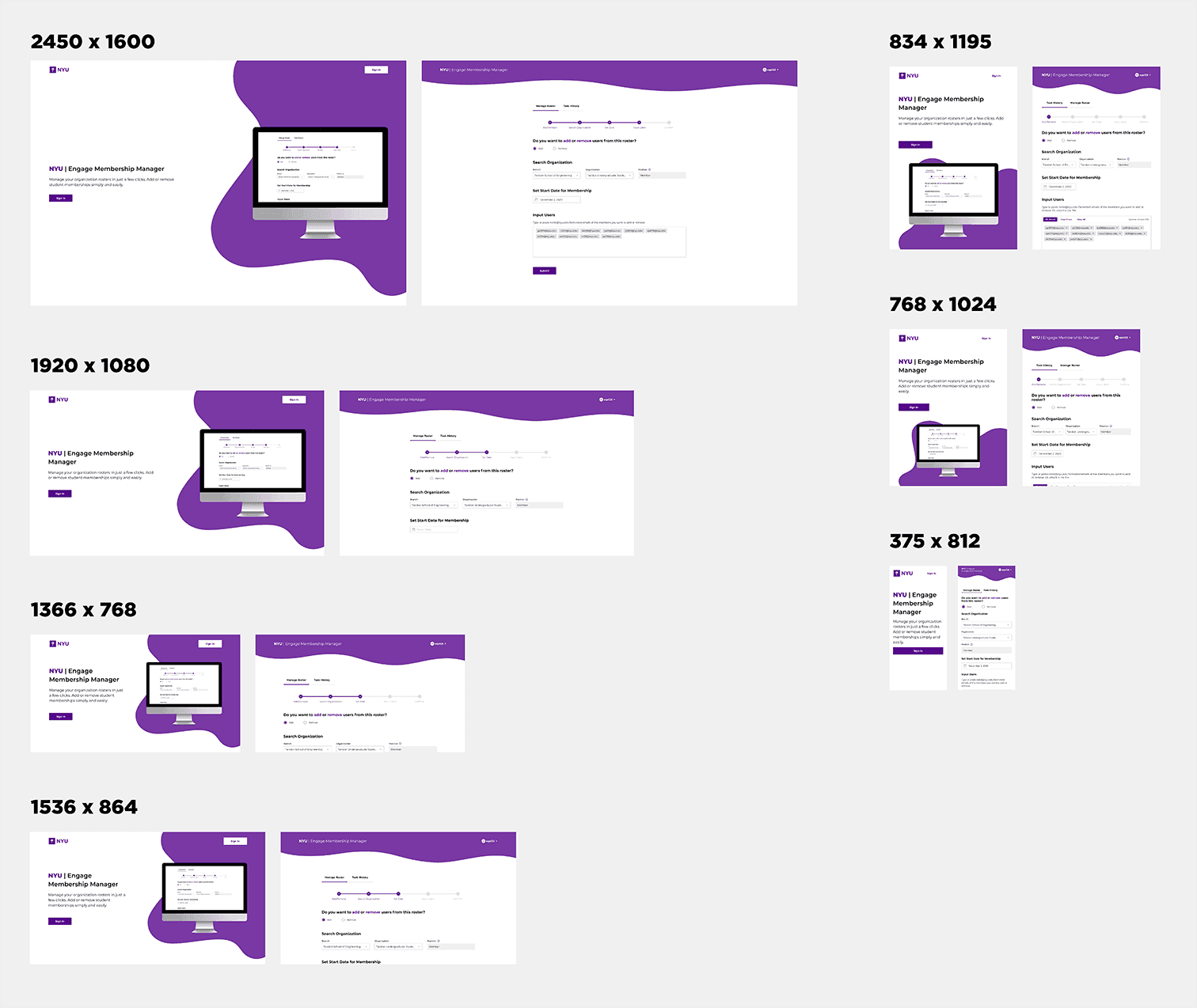 Screenshot of design file showing how the landing and manage roster page resizes with different screen dimensions