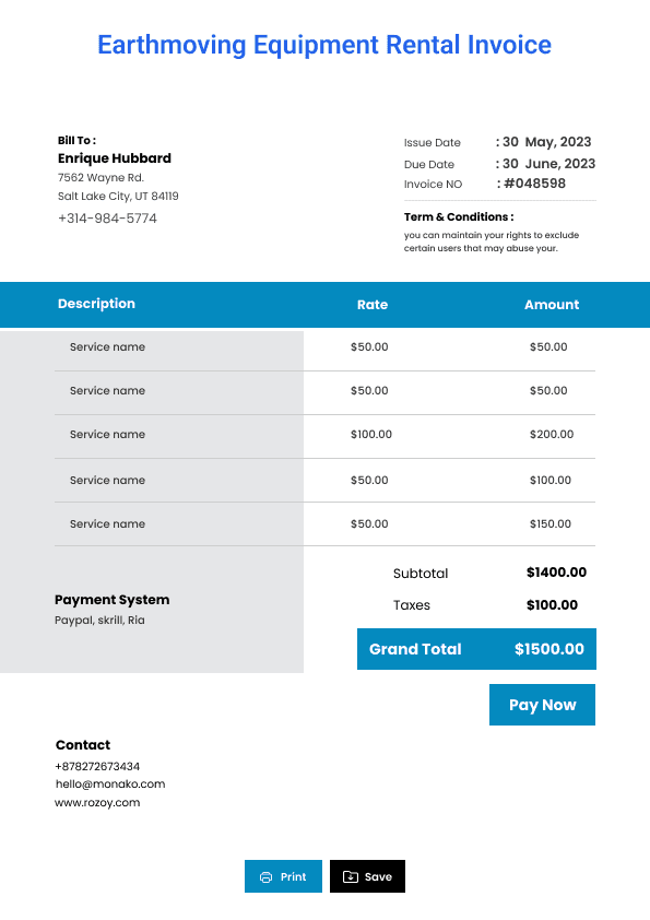 Earthmoving Equipment Rental Invoice