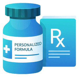 Modern vector illustration of a prescription bottle with custom formula label, combined with a prescription pad showing an Rx symbol. Use gradient colors transitioning from deep teal (#285360) to bright cerulean (#32B4DB). The bottle should have clean, rounded edges and a slight 3D effect with gradient shading. Include medical cross or shield icons subtly integrated. The design should convey personalized, professional medical treatment with smooth gradients and minimalist healthcare iconography.