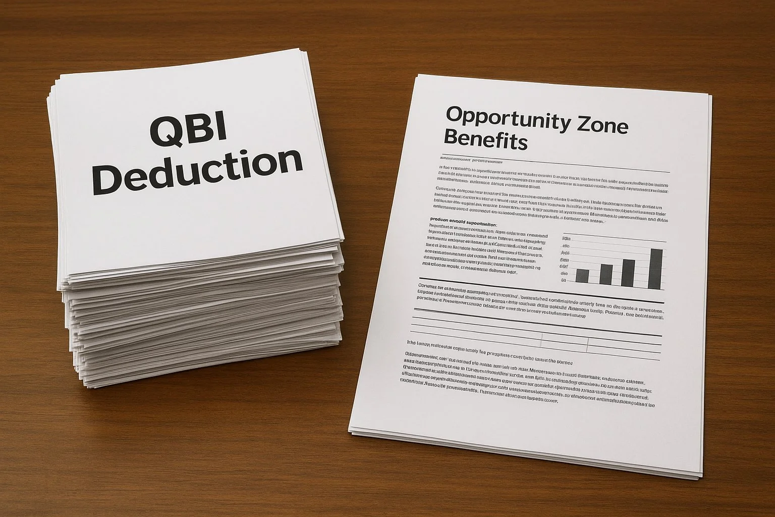 Stacks of tax documents labeled “QBI Deduction” next to a printed report titled “Opportunity Zone Benefits,” highlighting a contrast between the two tax options.