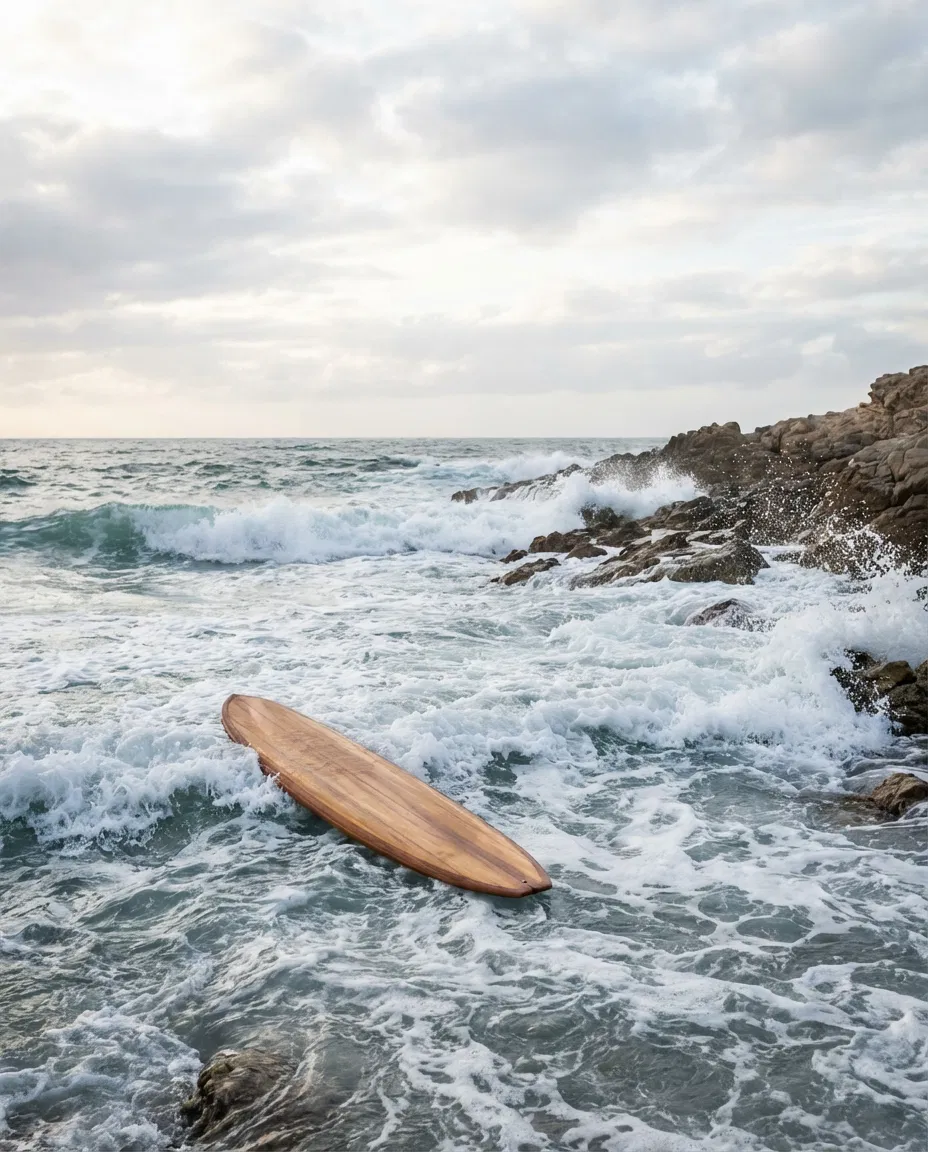 Powerful ocean waves near the shore with a single surfboard floating on the water.