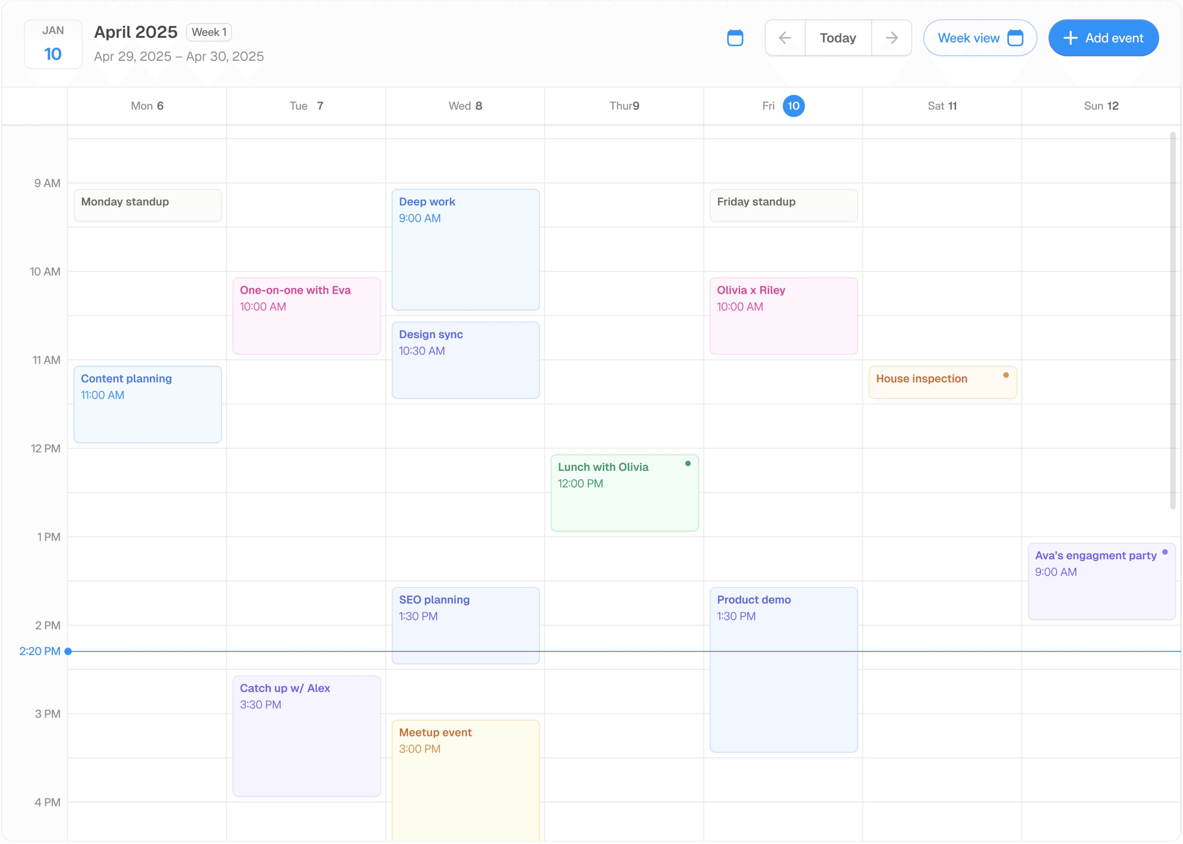 Digital weekly calendar view for the week of April 7–13, 2025, showing scheduled events such as meetings, standups, planning sessions, and personal tasks. Each day has color-coded time blocks indicating activities like “Monday standup,” “Drop work,” “Lunch with Olivia,” and “House inspection.” The interface includes navigation buttons, a "Week view" dropdown, and an "Add event" button on the top right.