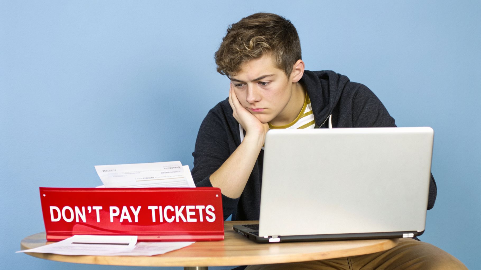 A worried young man looks at his laptop with documents and a 'DON'T PAY TICKETS' sign.