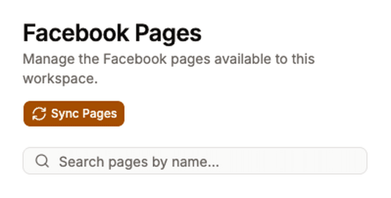Facebook Pages screen header with a Sync Pages button and a search box for finding a page by name.