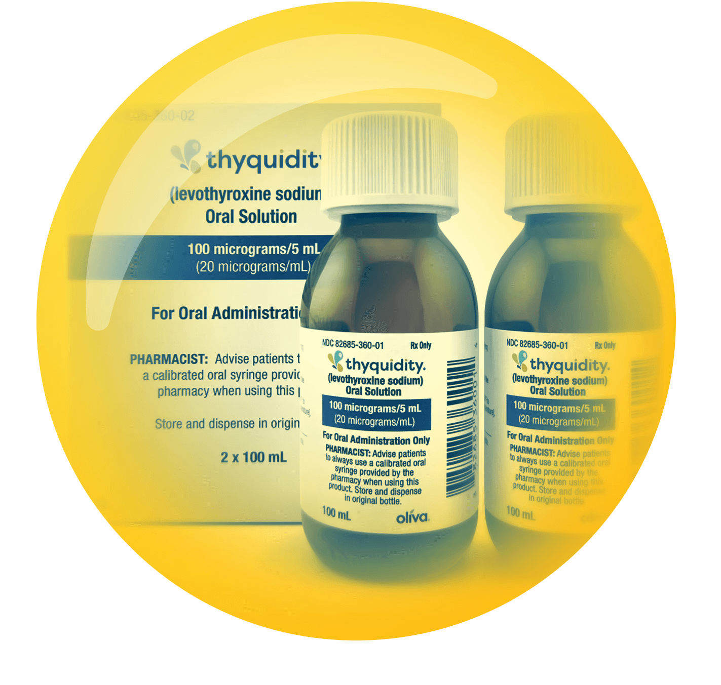 Two bottles of thyquidity liquid medication next to a boxed packaging, all against a clean background.