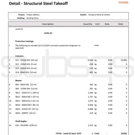 Screenshot of Final structural steel takeoff estimate report using CostX software by SubsQS Ltd