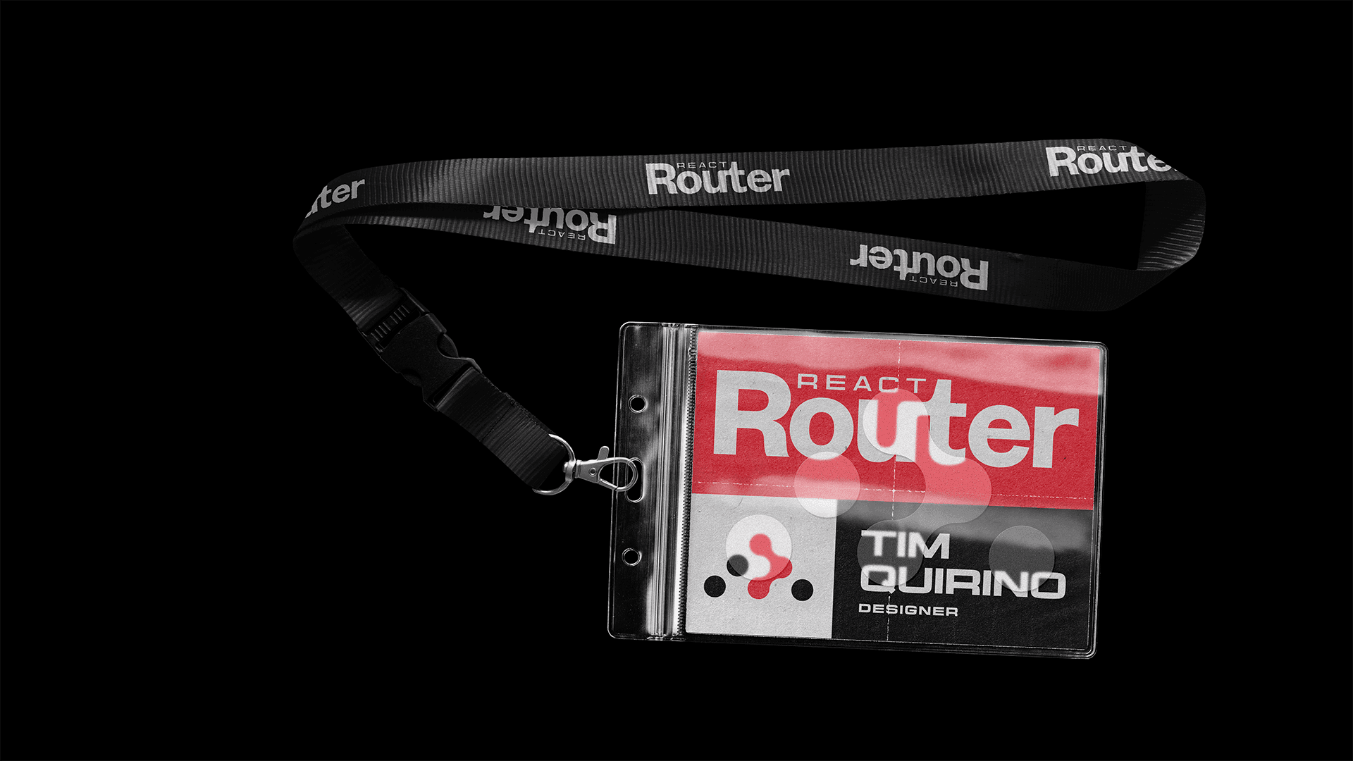 A fictional lanyard & event pass, meant to show how the updated React Router brand can be used in practice.