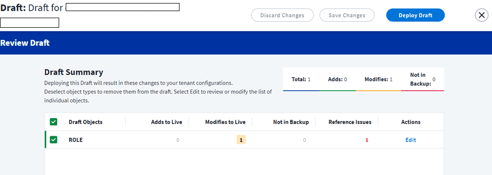 SailPoint IdentityNow Configuration Hub Review Draft page displaying one modified ROLE object with reference issue before deploying draft changes.