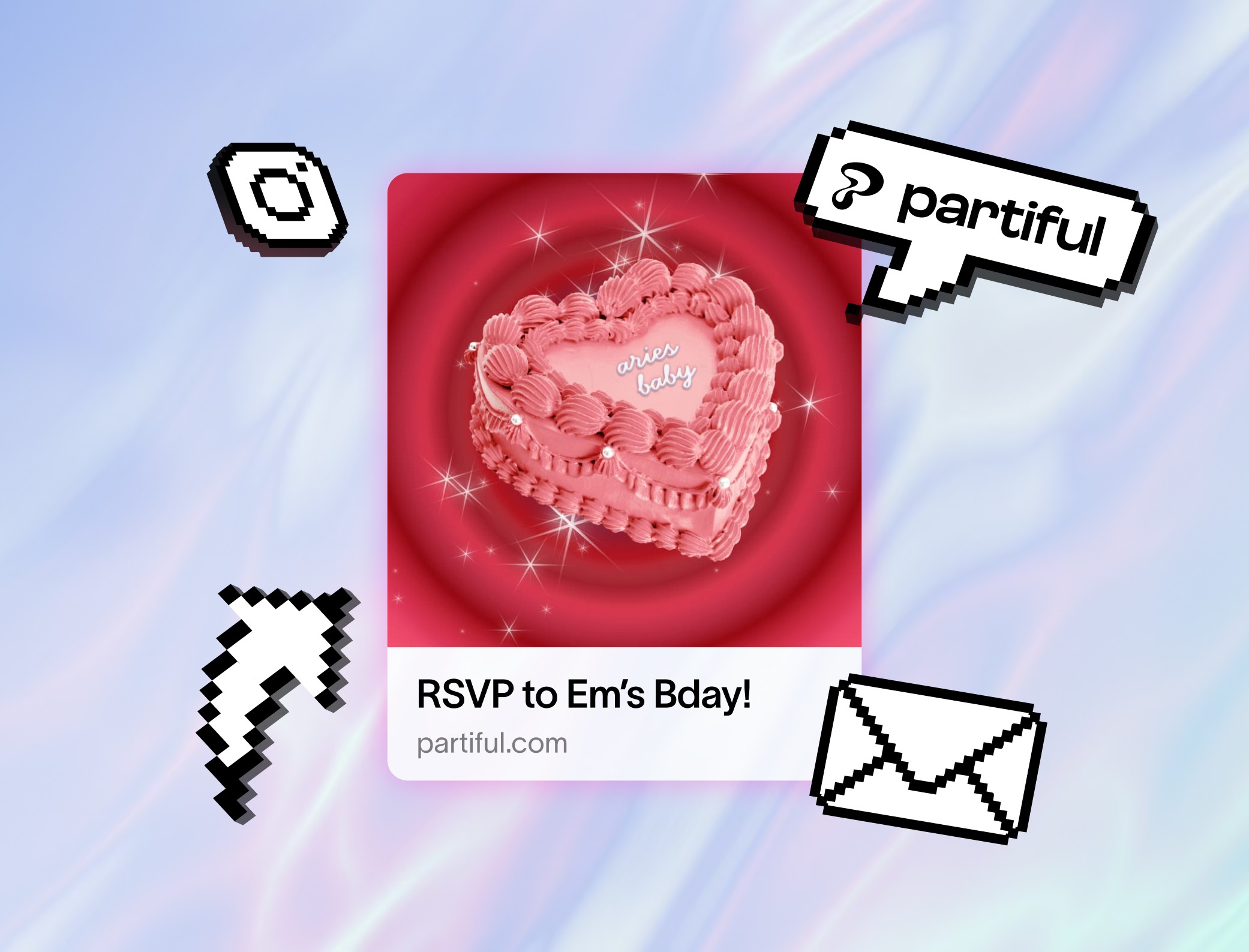 Party planning app feature showing a whimsical dove delivering an RSVP invitation link to simplify guest coordination.