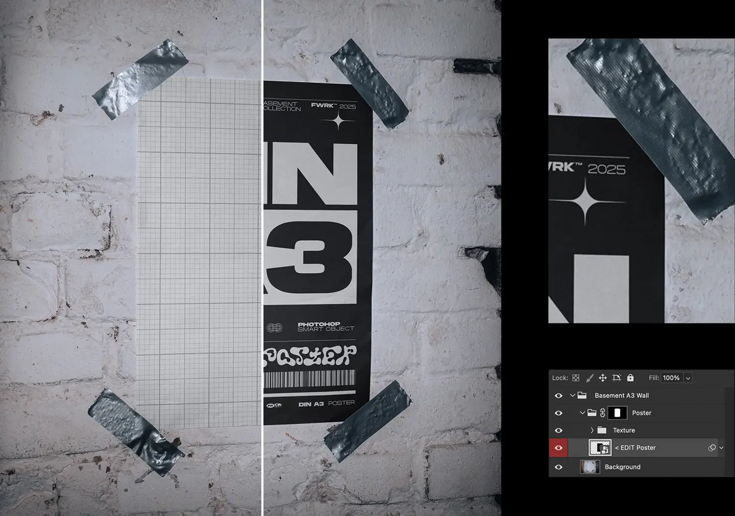 Close-up of the Photoshop smart object layers and duct tape texture details for easy design editing
