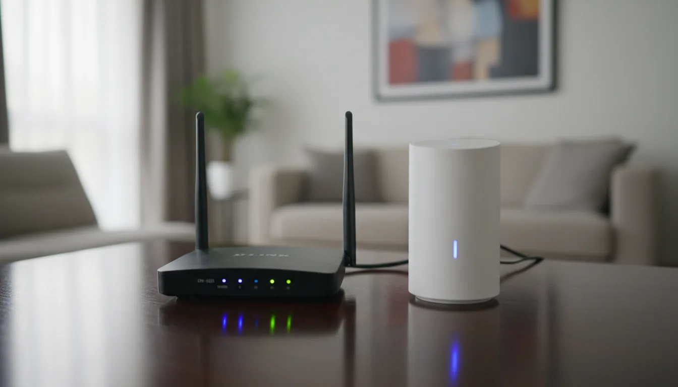 DSLR photography of an older, black D-Link Wi-Fi router with two antennas placed side-by-side with a modern, white cylindrical TP-Link Deco mesh Wi-Fi node. The hardware sits on a dark, glossy tabletop with clear reflections. The scene is lit by soft, natural indoor lighting, creating a realistic atmosphere. The background is out of focus, featuring a neutral-toned interior with a shallow depth of field.