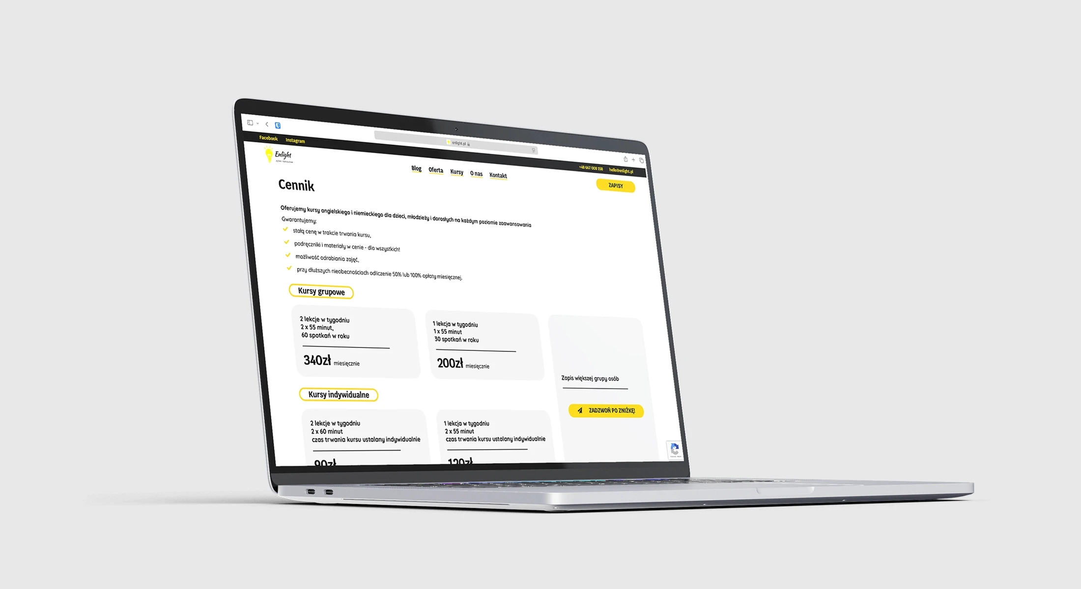 Strona internetowa Enlight — sekcja z cennikiem