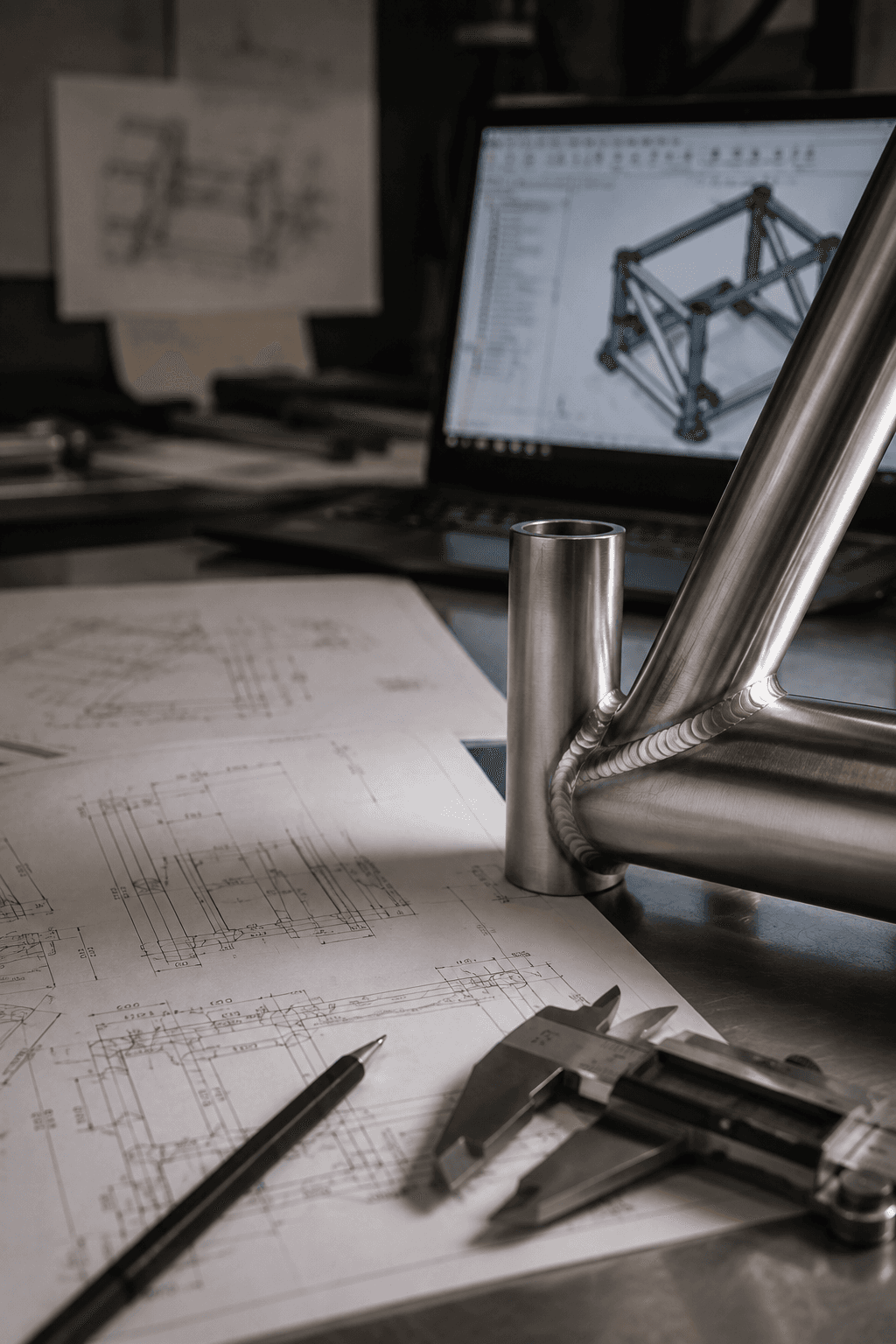 Estrutura em inox sobre desenhos técnicos