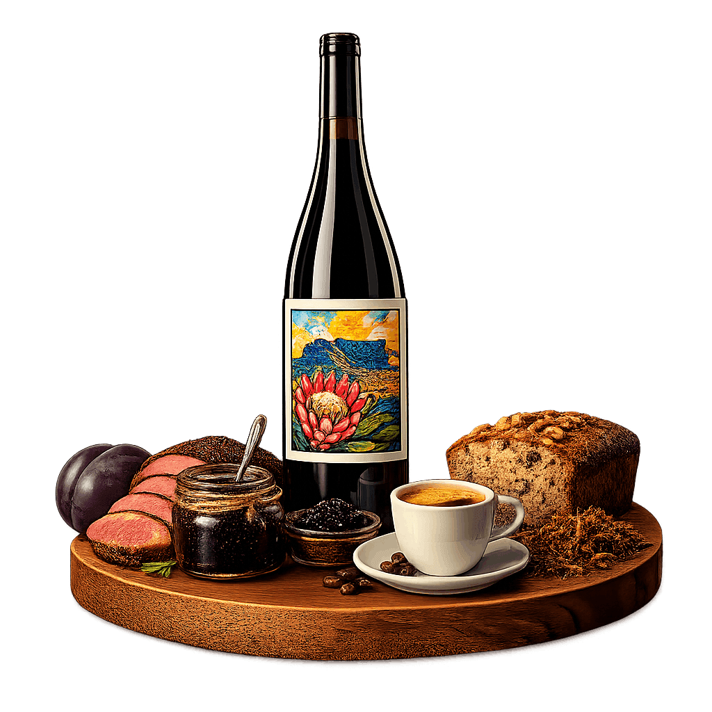 Artistic label and flavor profile for South African Cape Blend on a rustic wooden table.