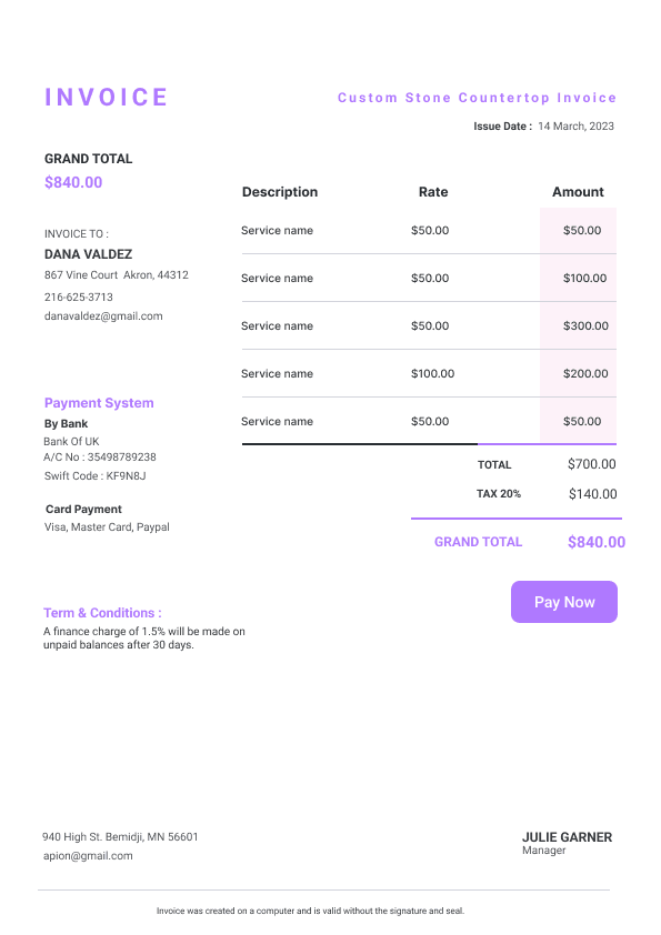 Custom Stone Countertop Invoice