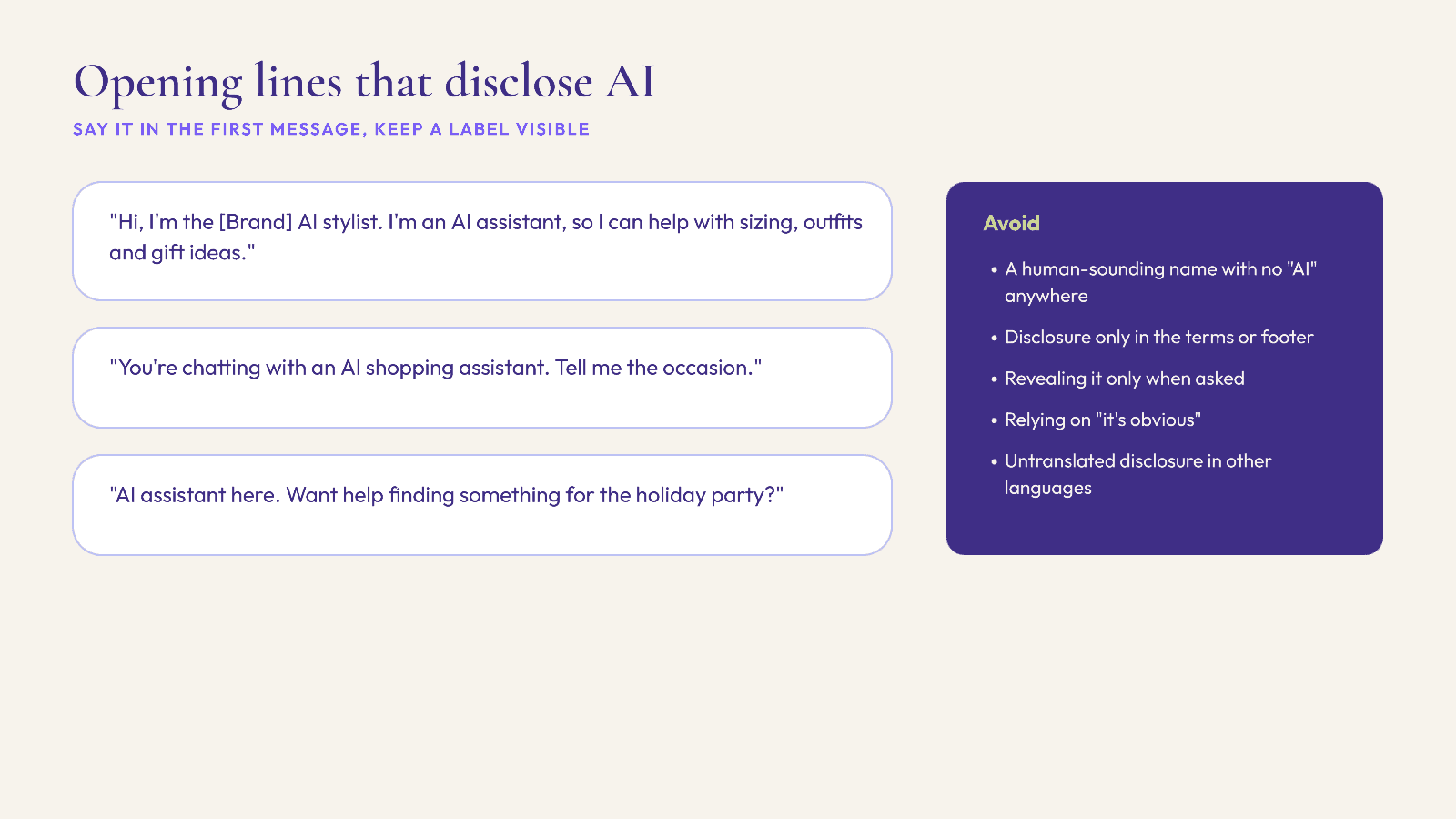 Example AI shopping assistant opening lines that disclose AI, and disclosure mistakes to avoid