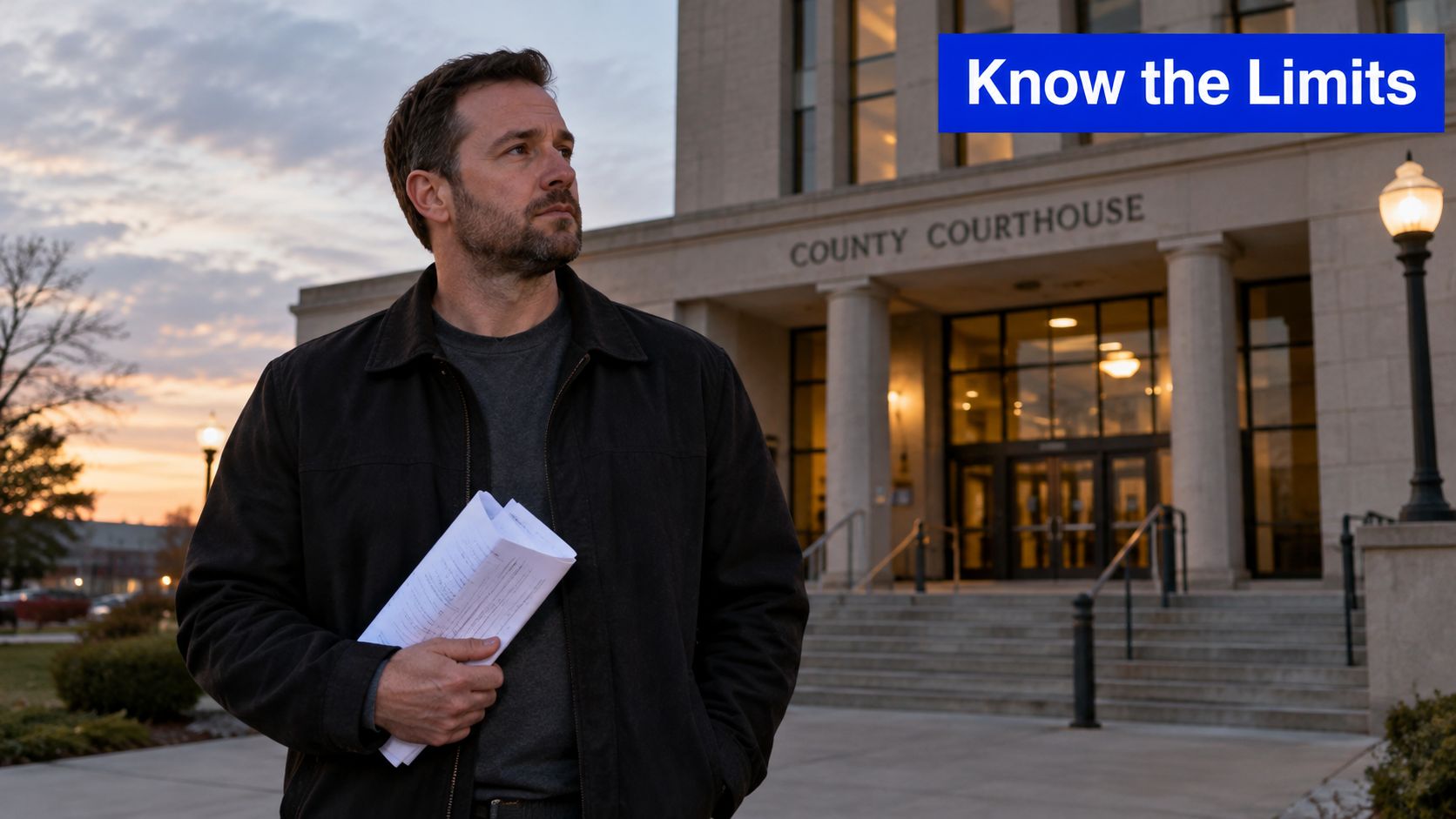 A man in a jacket holds legal documents outside a courthouse during a sunset.