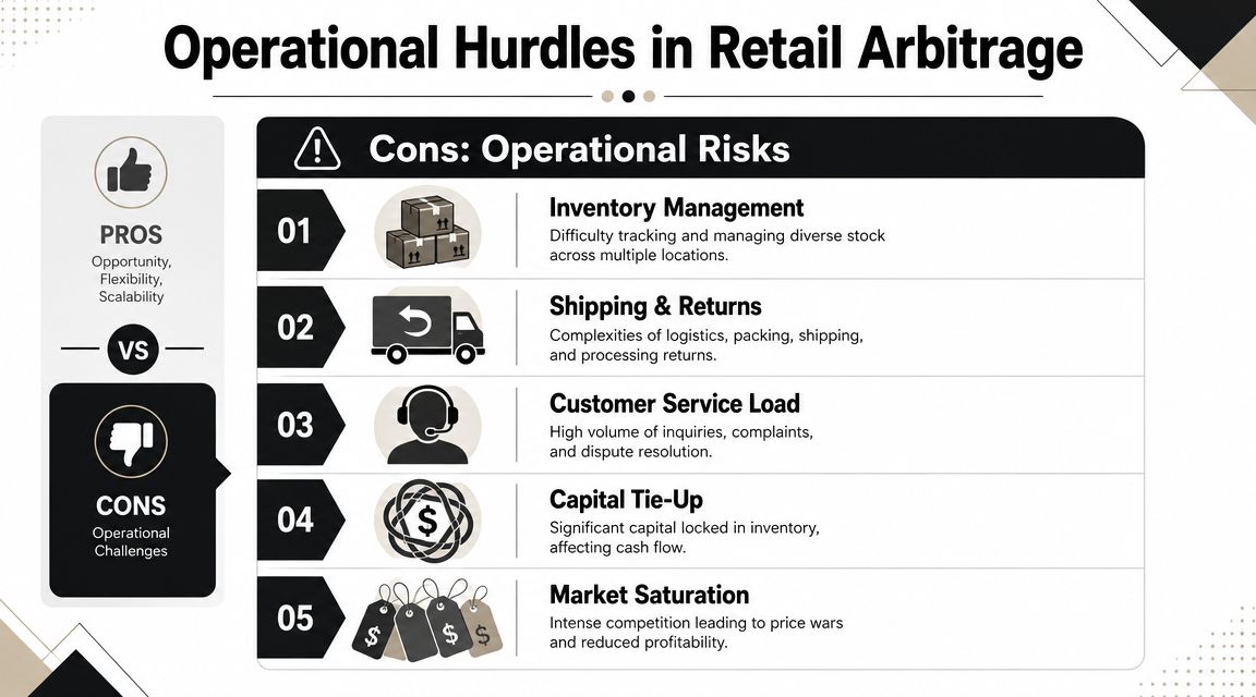 An infographic titled Operational Hurdles in Retail Arbitrage detailing five key challenges, including inventory, logistics, and competition.