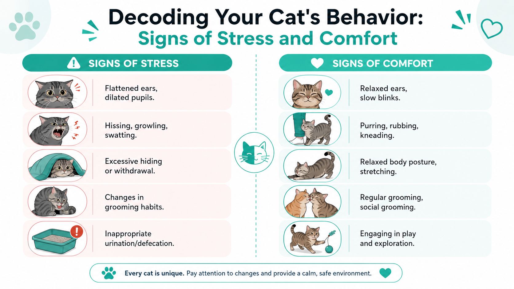 An infographic titled Decoding Your Cat's Behavior displaying common signs of feline stress versus comfort.