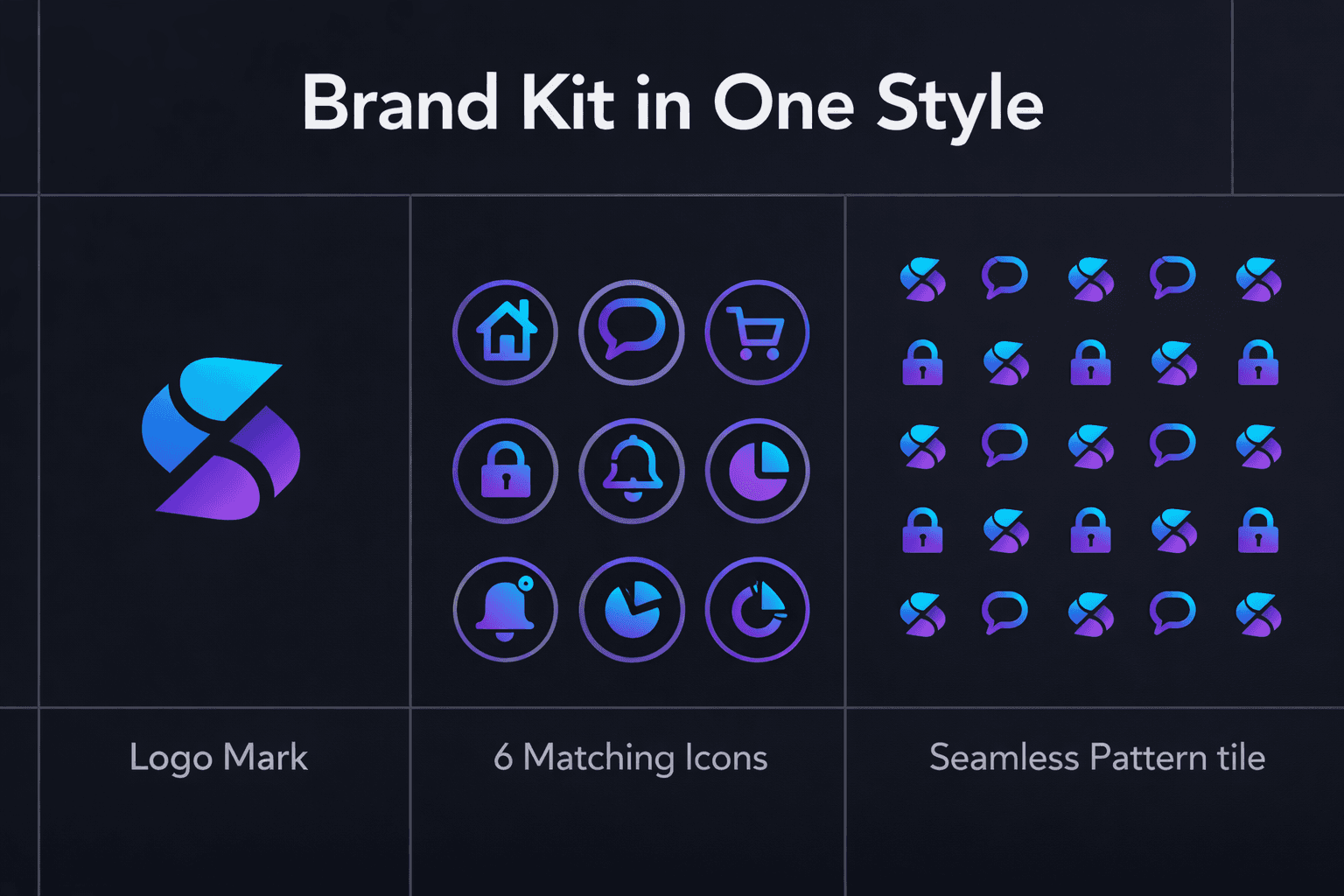 Brand Kit in One Style,” with a logo mark on the left, six matching icons in the center, and a seamless repeating pattern tile on the right, all using a consistent blue-purple color palette and clean modern layout