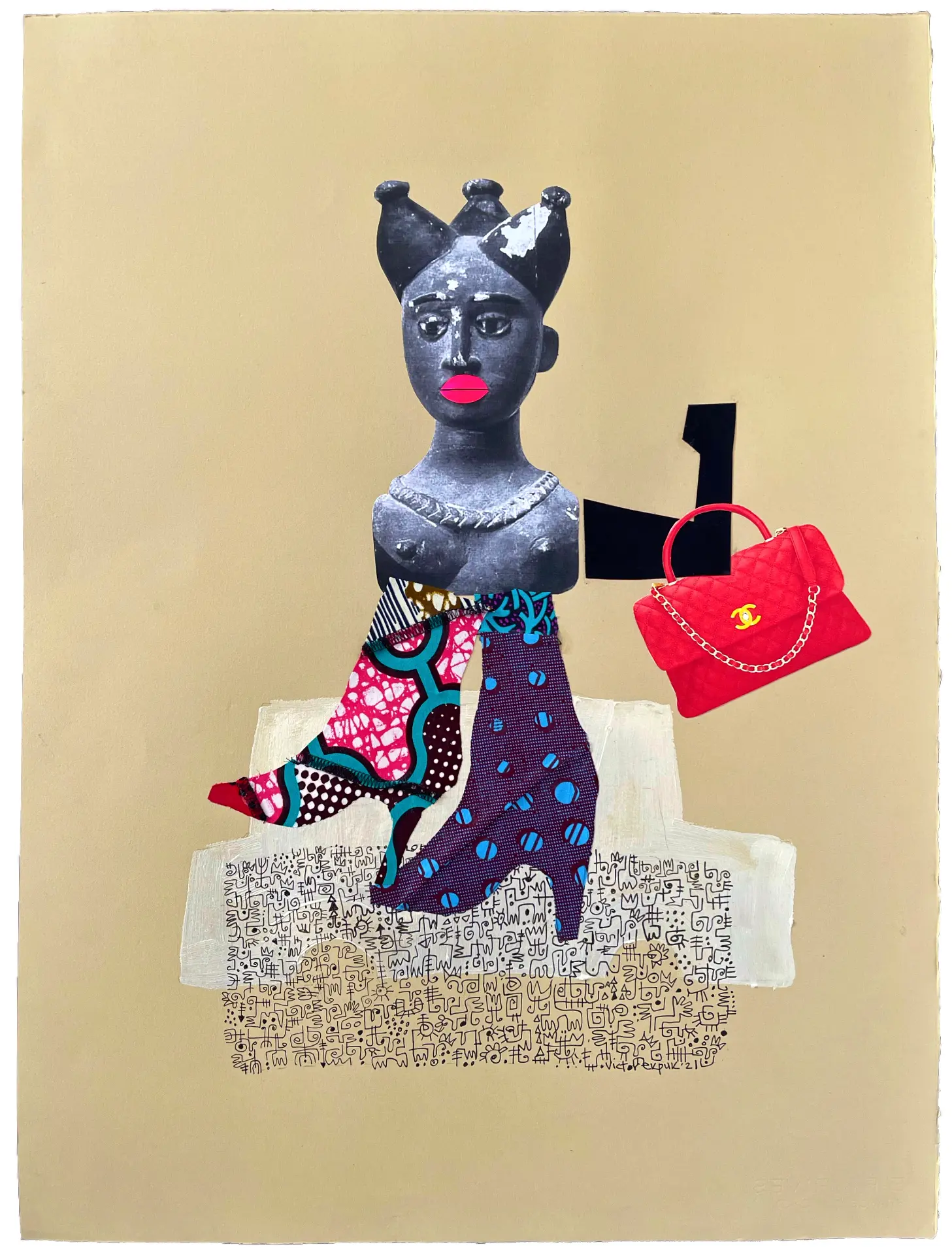 High Stepping Sista, c.2021,
22”x30”,
Acrylic, ink and found
fabric collage on BFK
paper