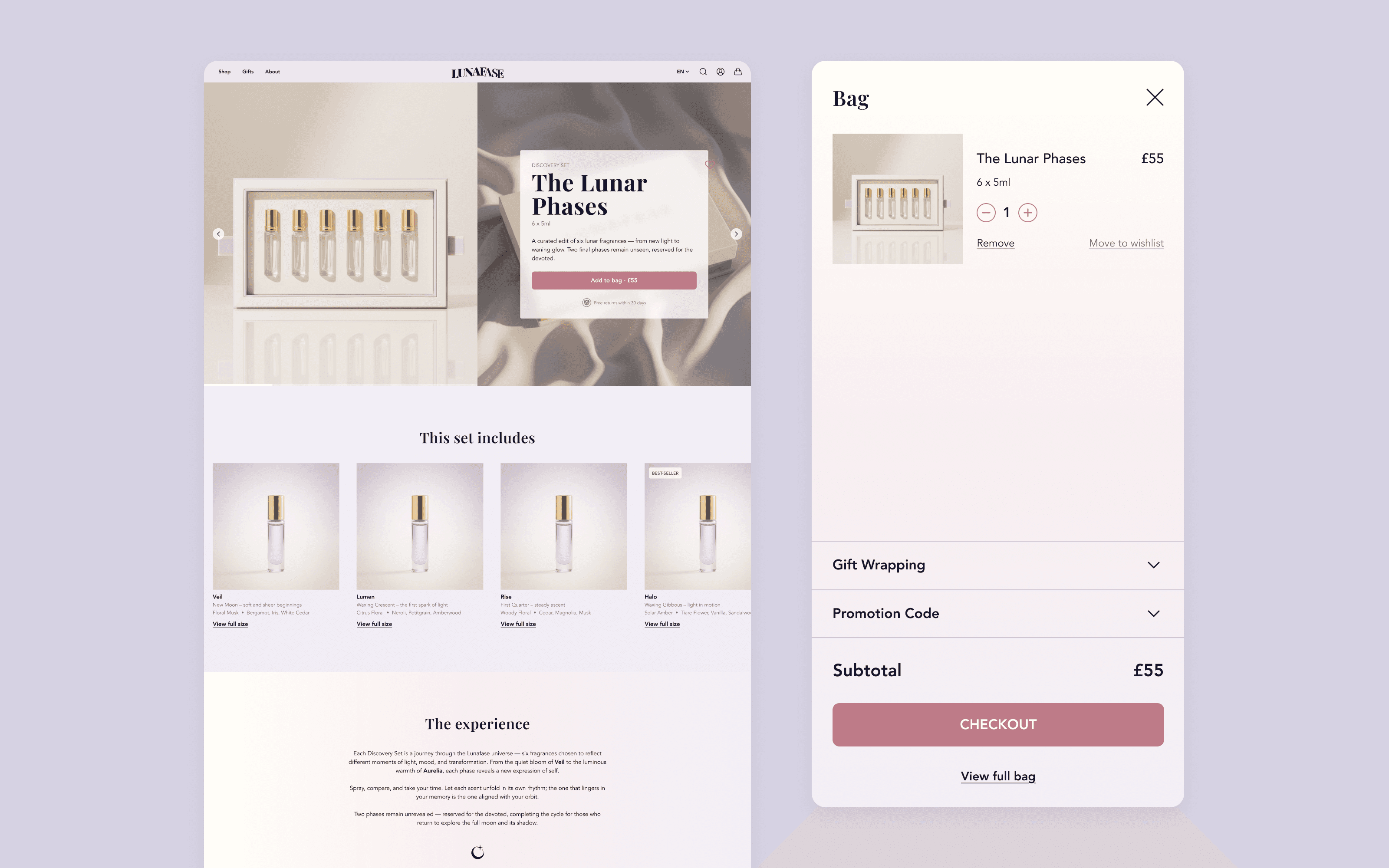Discovery set product page and bag screens