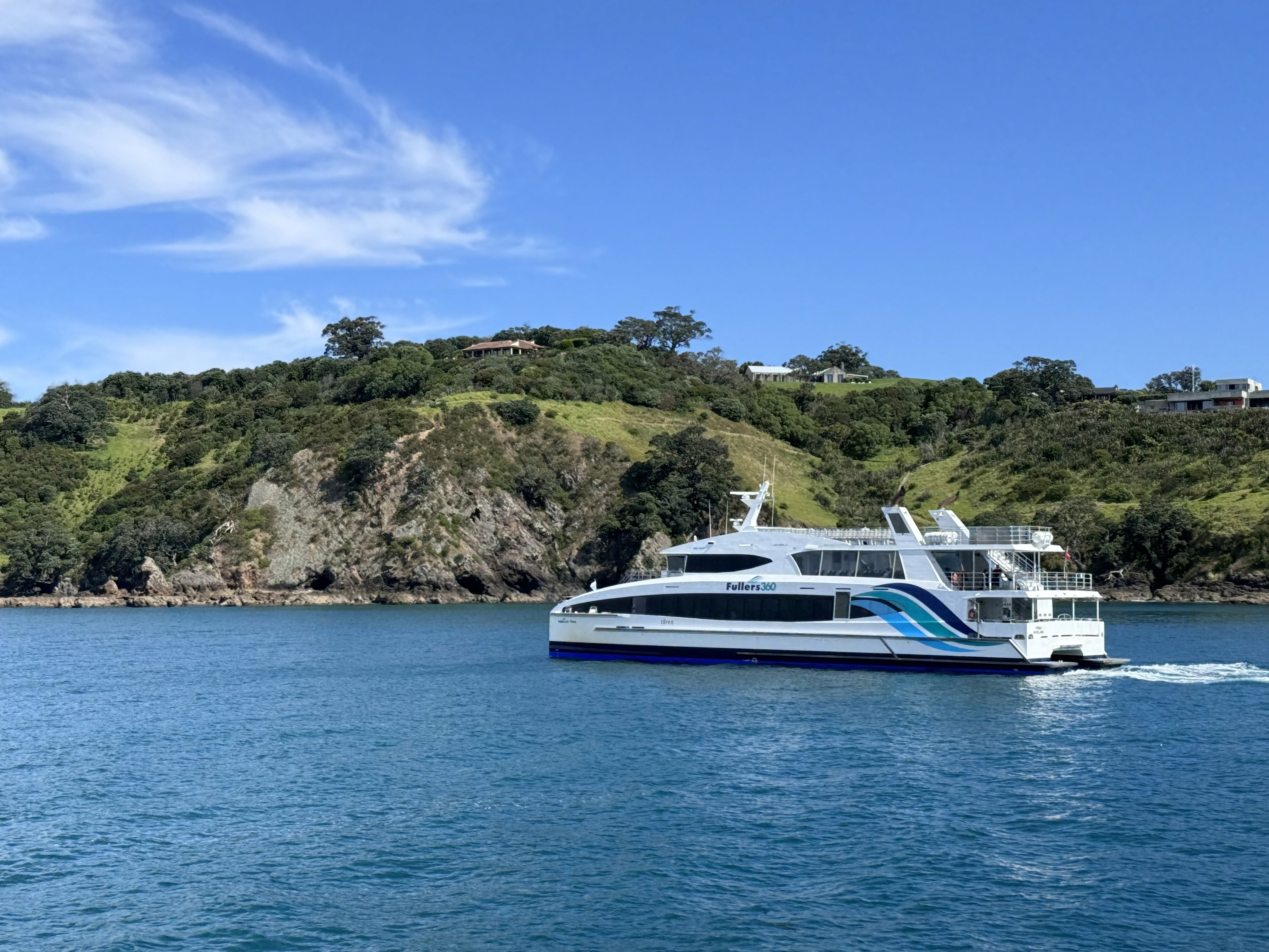 A Fullers360 ferry cruising towards Waiheke Island near Auckland, NZ