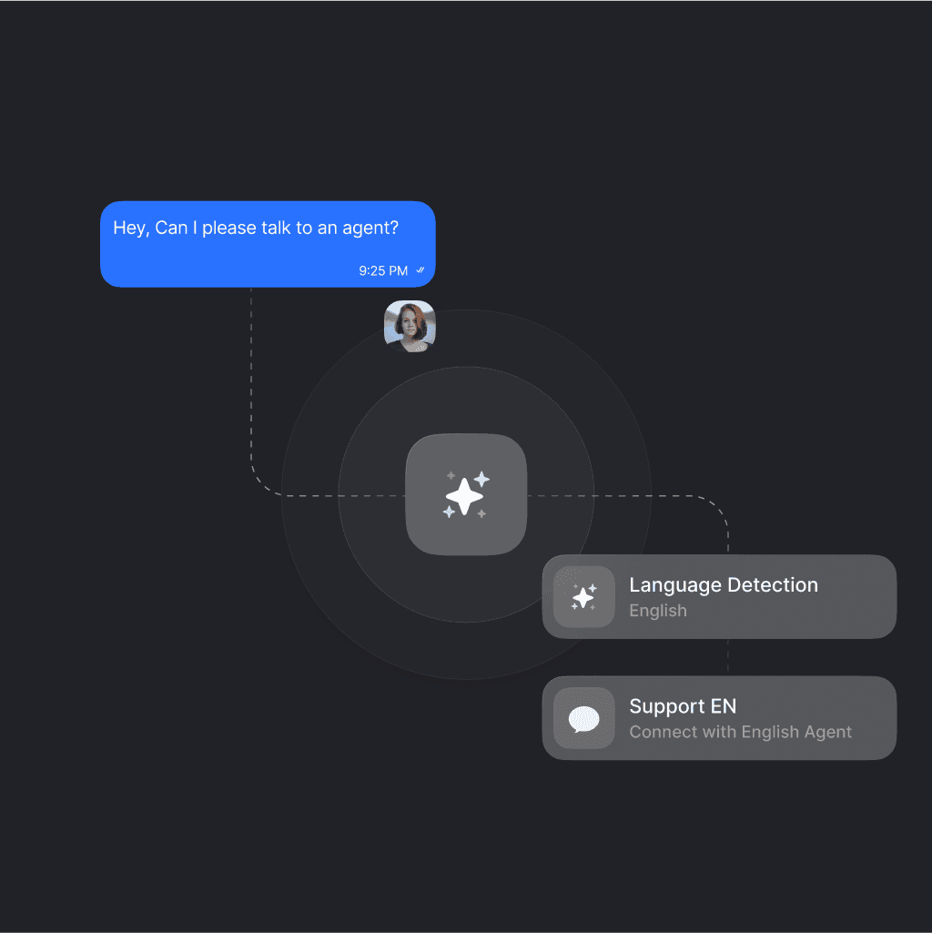 Language detection feature directing a user to connect with an English-speaking support agent after requesting to speak to an agent.