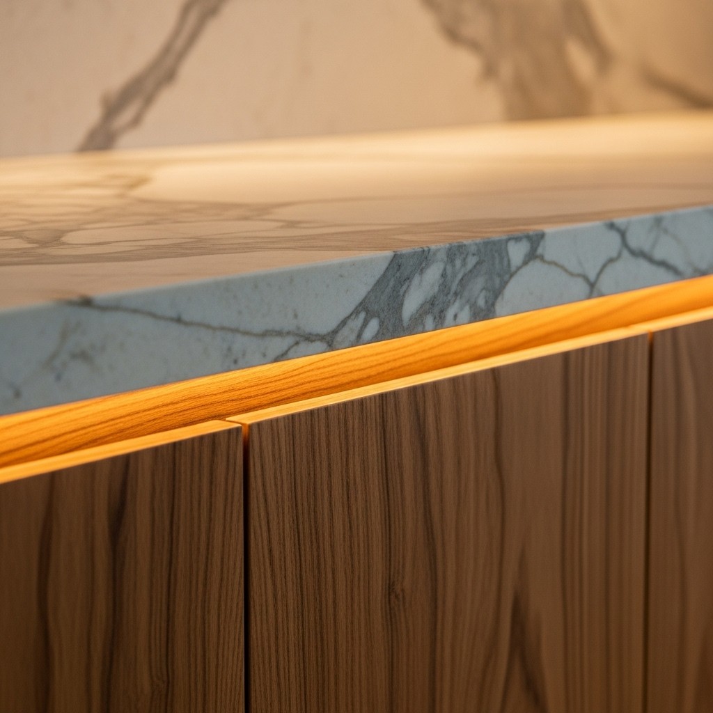 Kitchen finish detail with warm neutral cabinetry, stone surfaces, and clean modern lines. ​